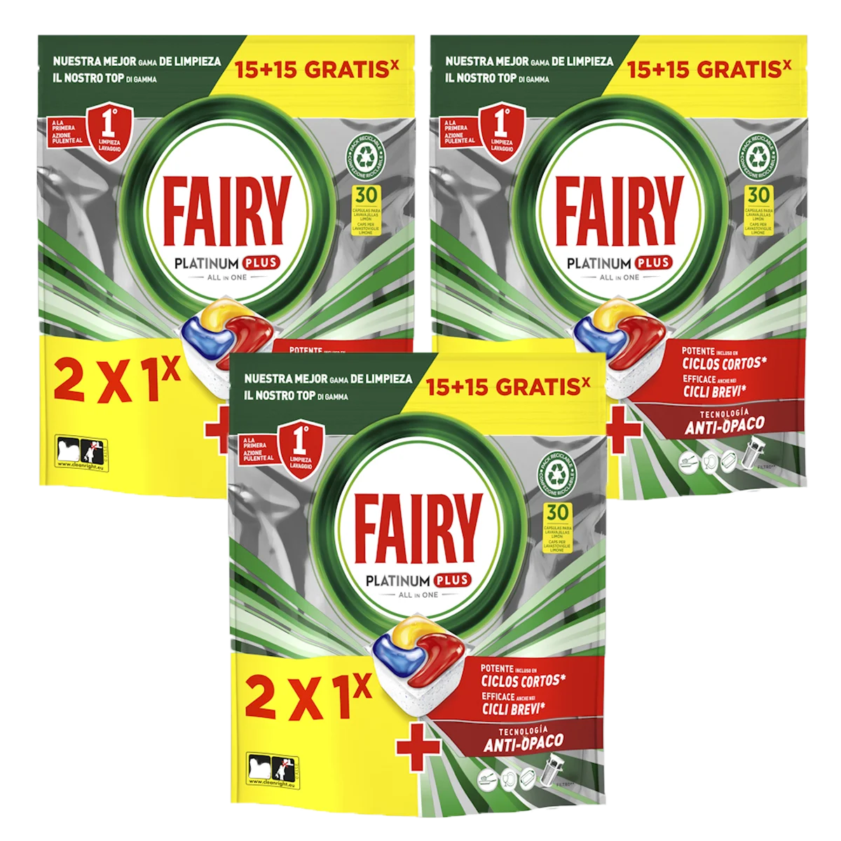 3ud FAIRY detergente lavavajillas Platinum Plus All in 1 bolsa 30 pastillas - 90 pastillas en total