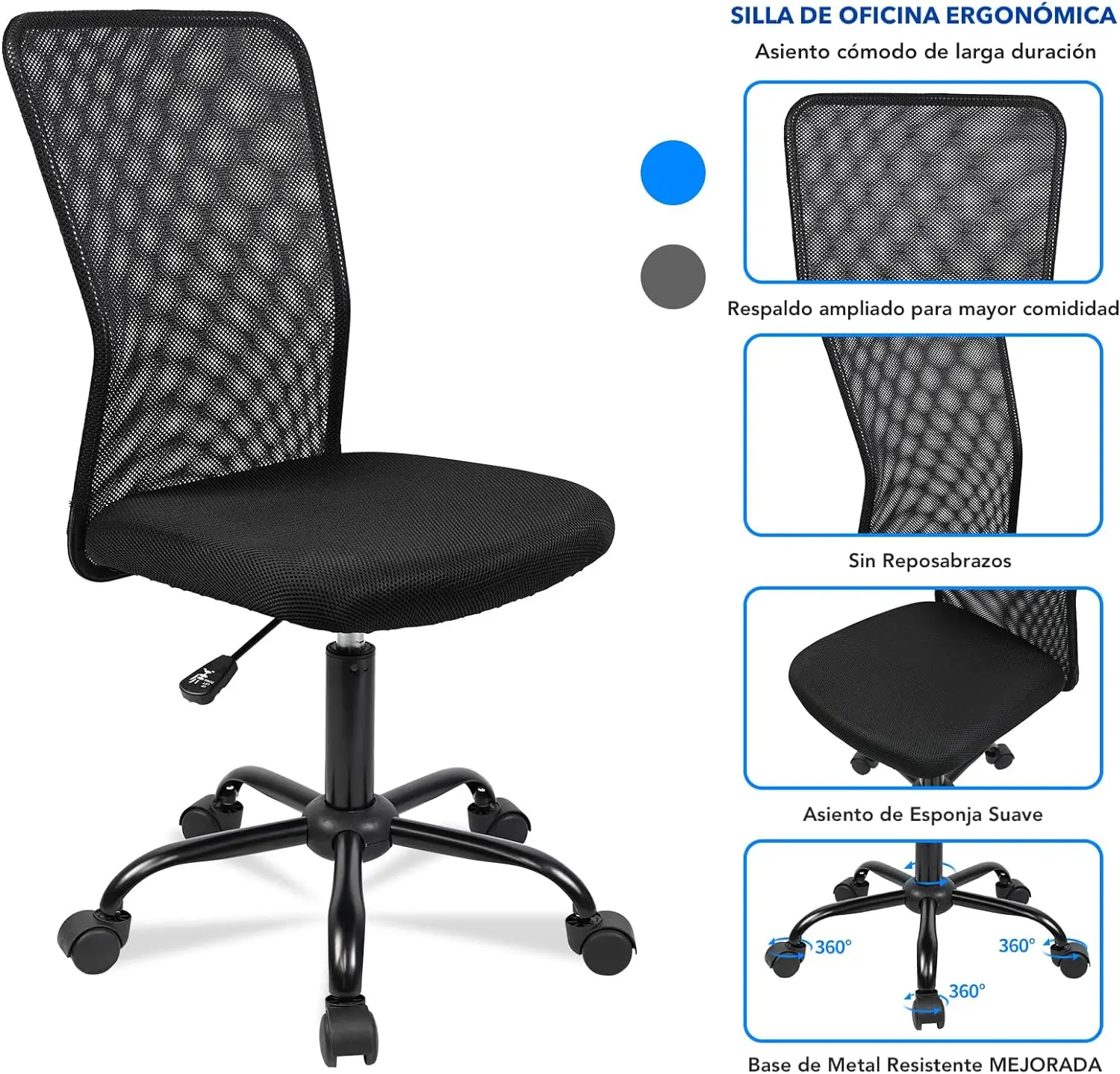 T-Lovendo Ergonomic Office Chair without Armrests, breathable double mesh fabric, height adjustable from 90.4 cm to 102.6 cm, stable metal base, 360° swivel, supports up to 150 kg, perfect for home office or study. #5