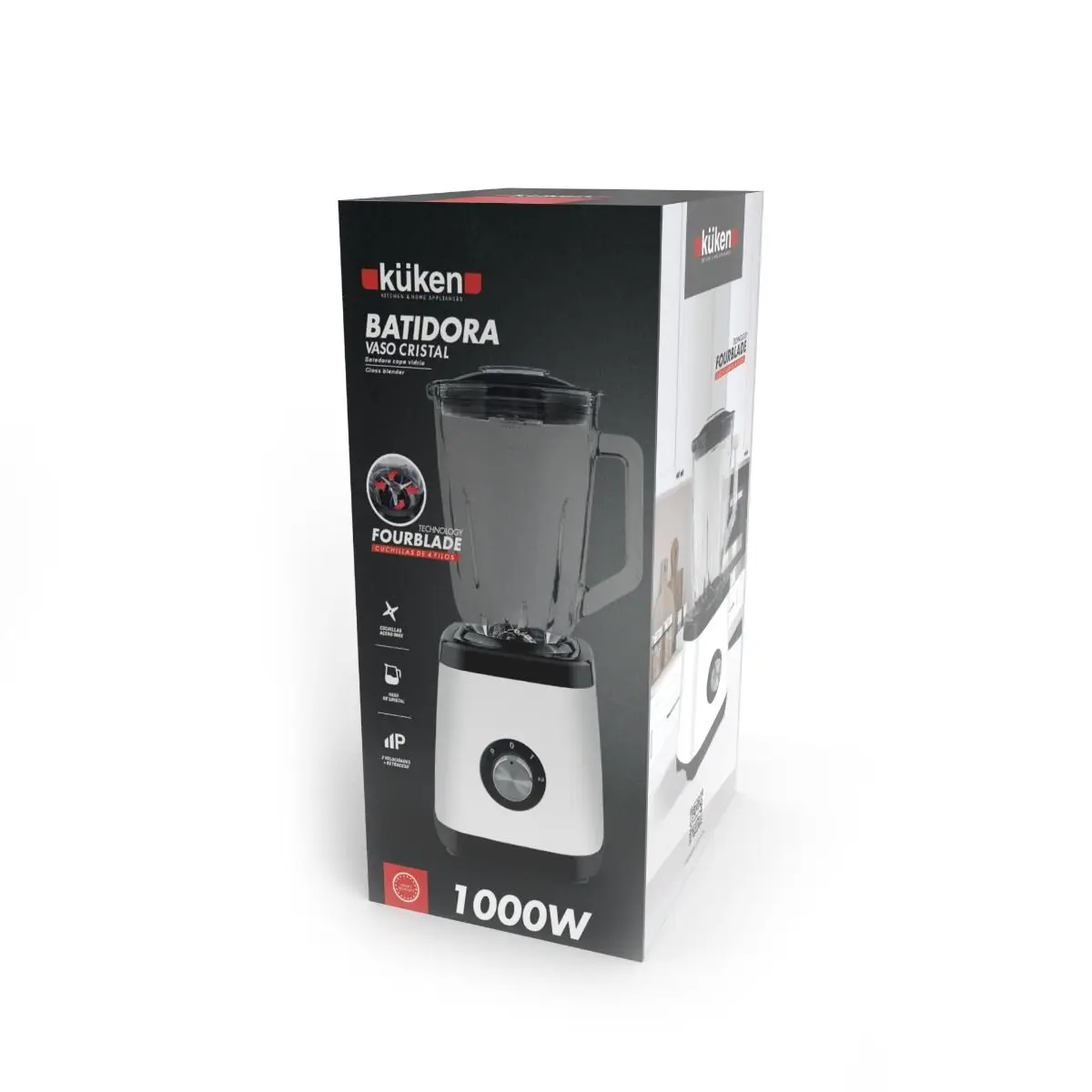 KUKEN Glass Blender 1000W with 1.5L Pitcher, 2 Speeds & Reverse Function, Durable Glass for Smoothies and Purées, Easy Clean Dishwasher Safe Parts, Perfect for Kitchen Use