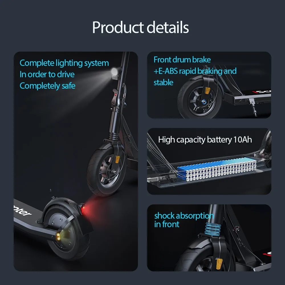 IScooter i9S electric Scooter, 10 inch tire, 500W Motor, maximum speed of 30 km/h, 10Ah battery, range of 30km, maximum tilt angle of 15 °, lighting system, front drum brake, screen Control