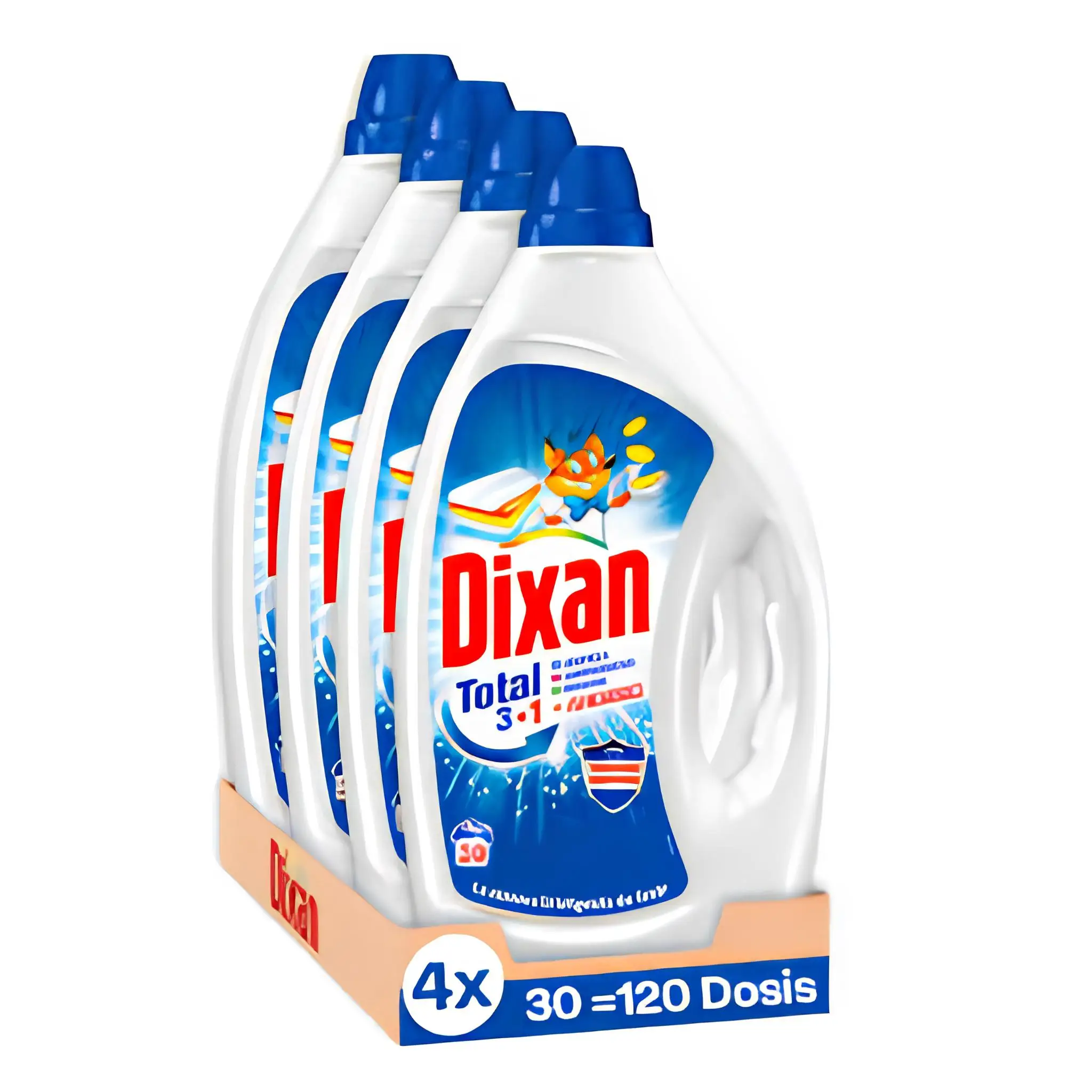 Dixan Gel Total 120LAV. Detergente Líquido para Lavadora y Lavado a Mano, hasta 8 kg, Fórmula sin Fosfatos, Cuidado del Color y Blanqueamiento, Aroma Limpio y Fresco, Pack Ahorro 4 Unidades
