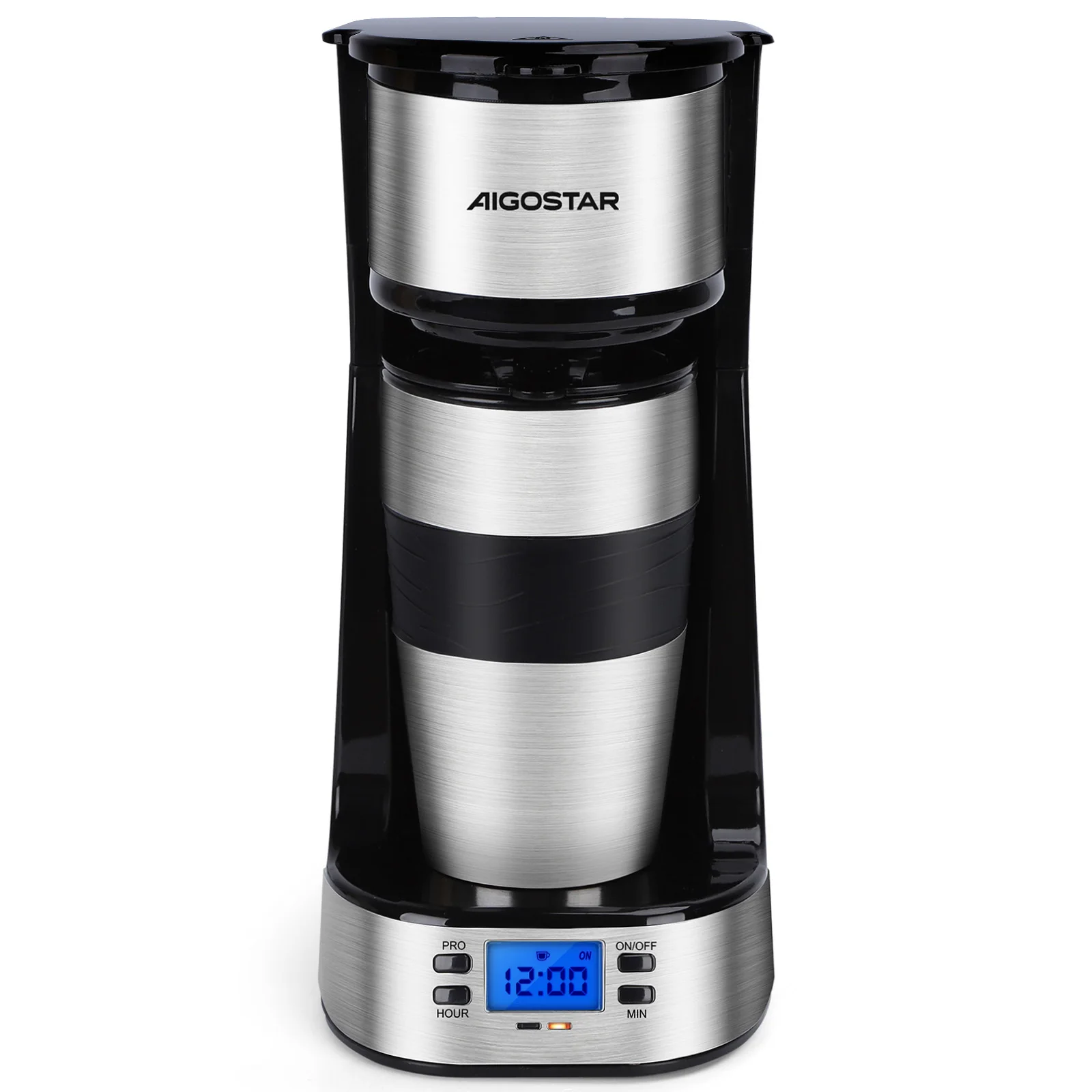 Aigostar Cafetera de Goteo con Cafetera de Viaje y Taza Térmica, Temporizador Programable 24H, 700W, 14 oz, 420ml, Pantalla LCD, Filtro Reutilizable, Auto Apagado