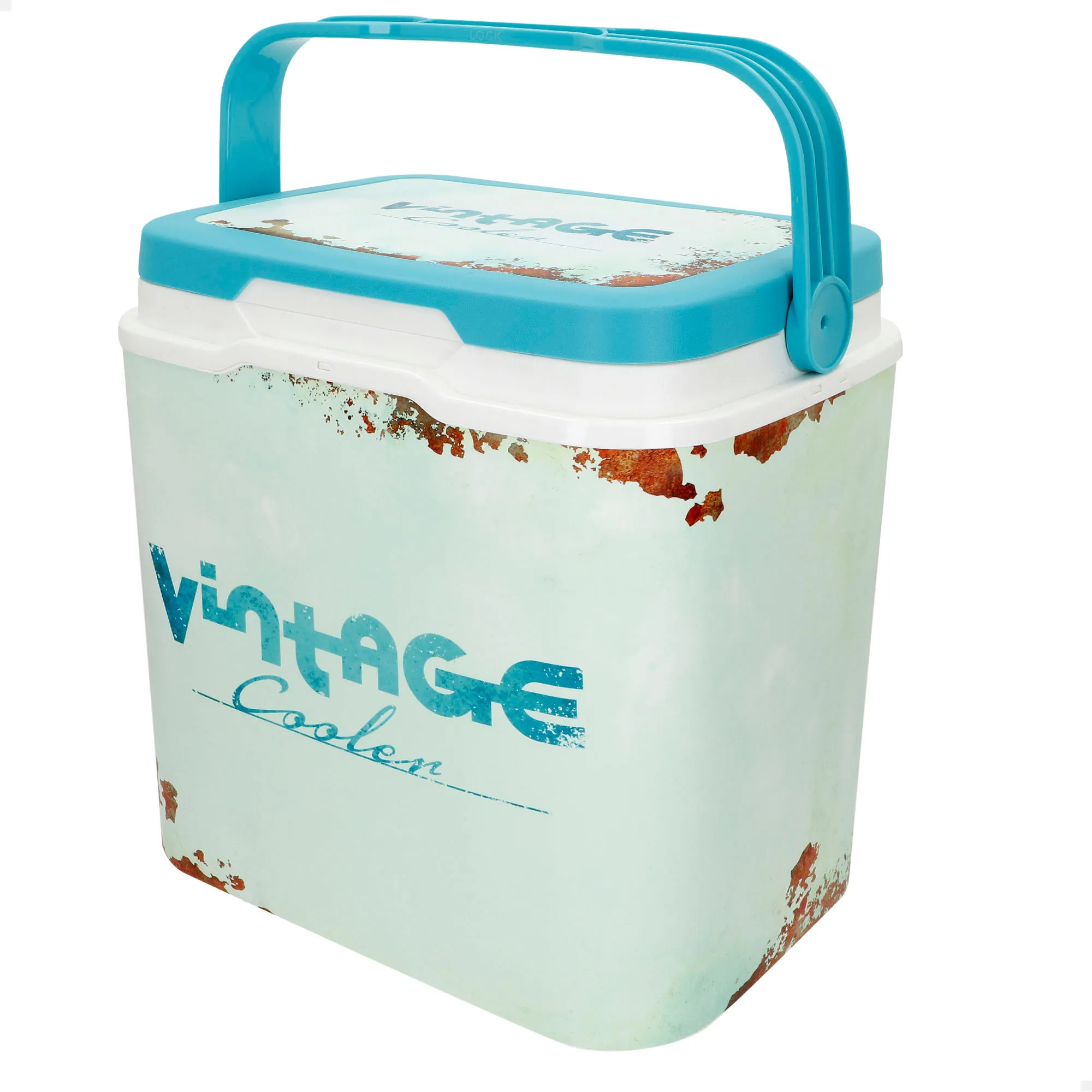 Aktive - Nevera rígida de playa 24L, con aislamiento de poliuretano superior, plástico resistente, mantiene el frío hasta 15h, tapa con cierre seguro, diseño vintage en tonos azulados, asa ergonómica