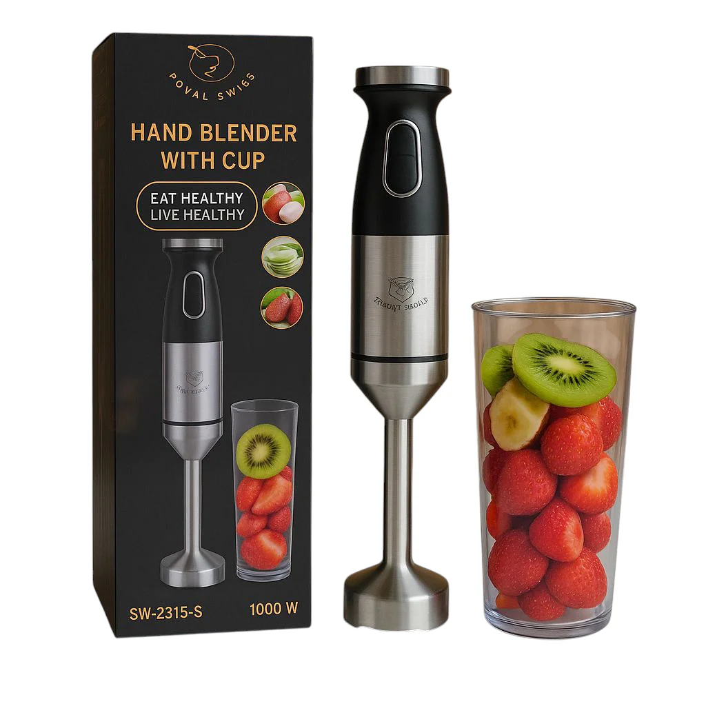 Batidora , picadora  de Mano Royal Swiss 2 Velocidades 2 en 1 acero inoxidable vaso de 650ml Potencia de 1000W