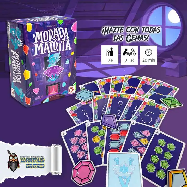 La Morada Maldita, family board game for 2 to 6 players featuring 109 cards, 65 gem tokens, and a cursed 3D purple jewel, offers fun visual challenges and competitive gameplay for ages 7 and up.