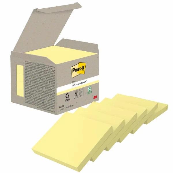 Post-it pack de 6 blocs de 100 notas adhesivas recicladas - forma cuadrada - 76x76mm - color amarillo claro