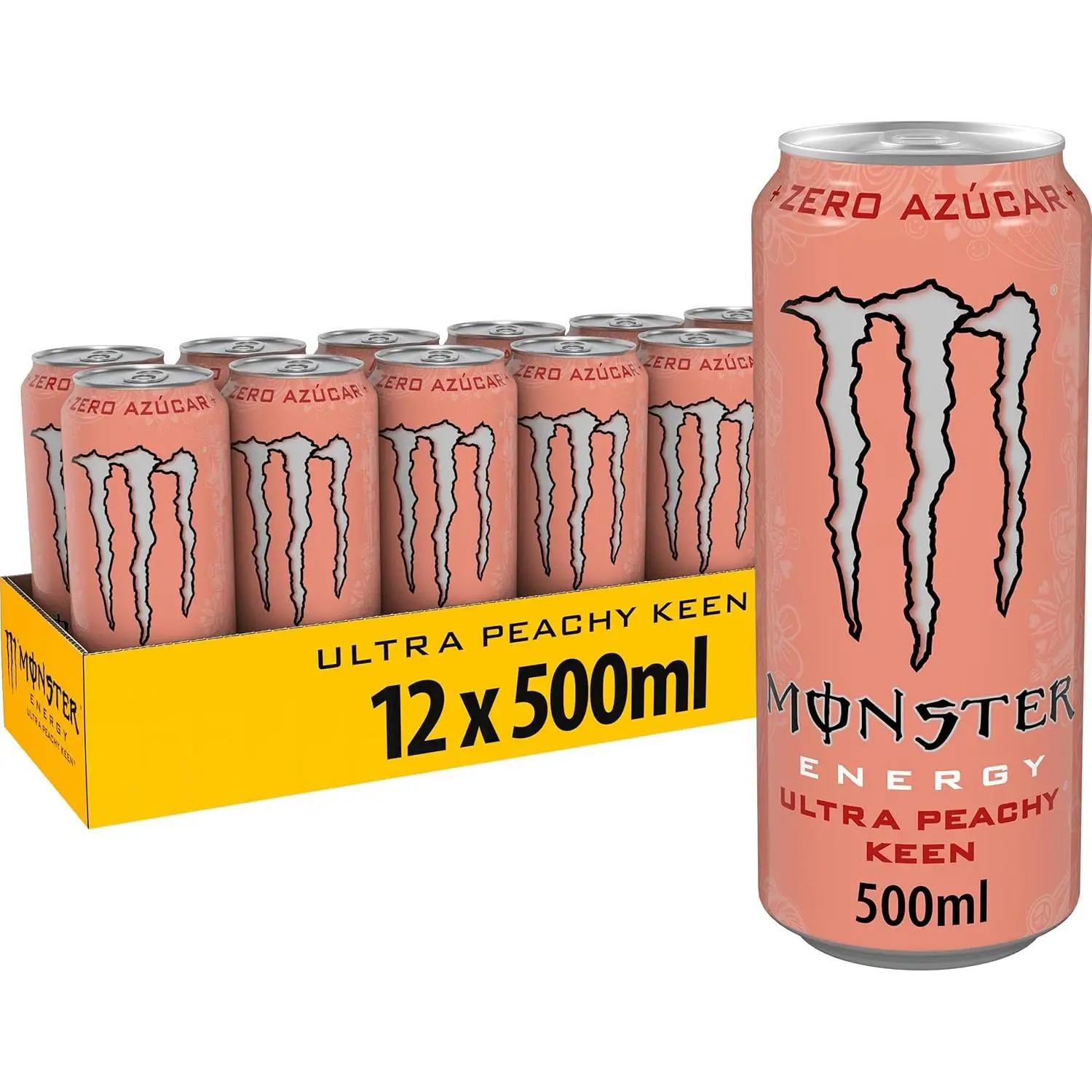 Monster Energy Ultra Peachy Keen, Bebida Energética Sin Azúcar- Pack de 12 Latas de 500ml