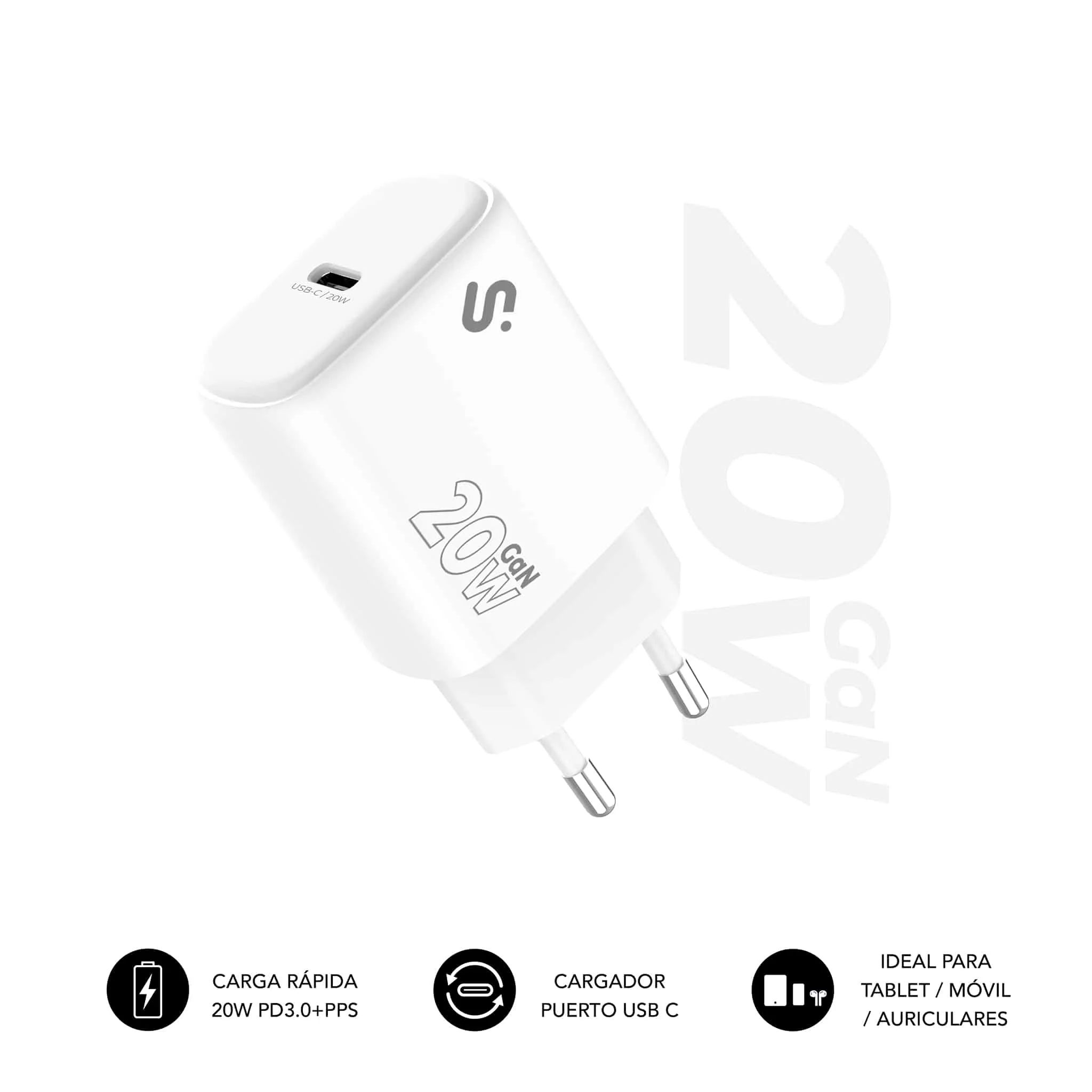 SUBBLIM Cargador USB-C GaN 20W, Power Delivery 3.0 y PPS, Enchufe Rápido para iPhone 16-12, iPad, Galaxy S24-S20, Pixel 9-6, Xiaomi, Ultraportátil, Seguro y Certificado