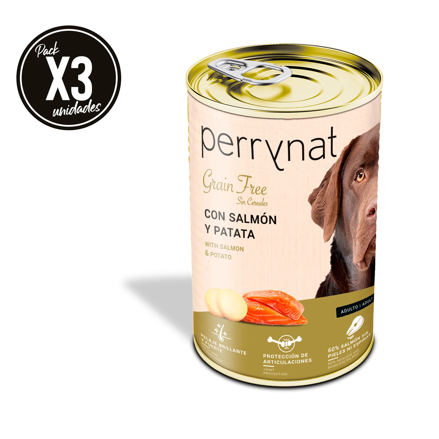 Dibaq Perrynat, comida húmeda grain free para perros, salmón y patata, pack 3 uds x 400 gr
