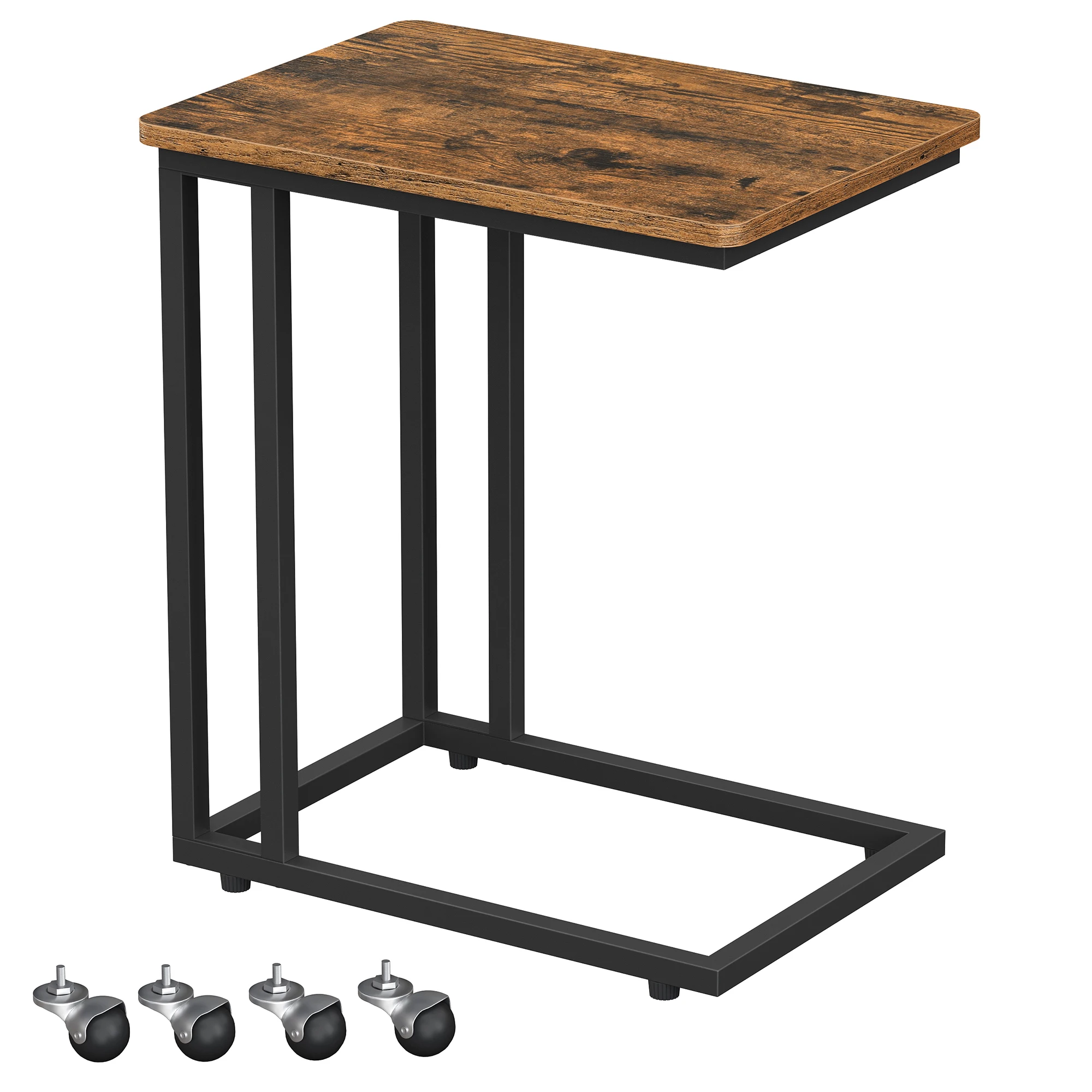 VASAGLE Mesa Auxiliar de Estilo Industrial, Mesa Lateral con Ruedas y Pies Ajustables, para Dormitorio, Marco de Acero, FÁcil de Montar, MarrÓn RÚstico y Negro/Negro Ébano