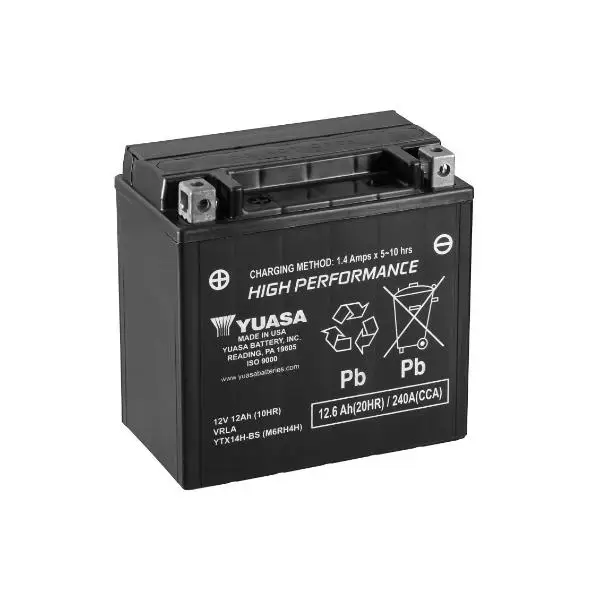 Batería moto YUASA YTX14H-BS 12V 12.6Ah 240Amp.  AGM  . Gama YTX® e YIX de alto rendimiento sin mantenimiento. Medidas: Longitud	150 mm Anchura	87 mm Altura	145 mm