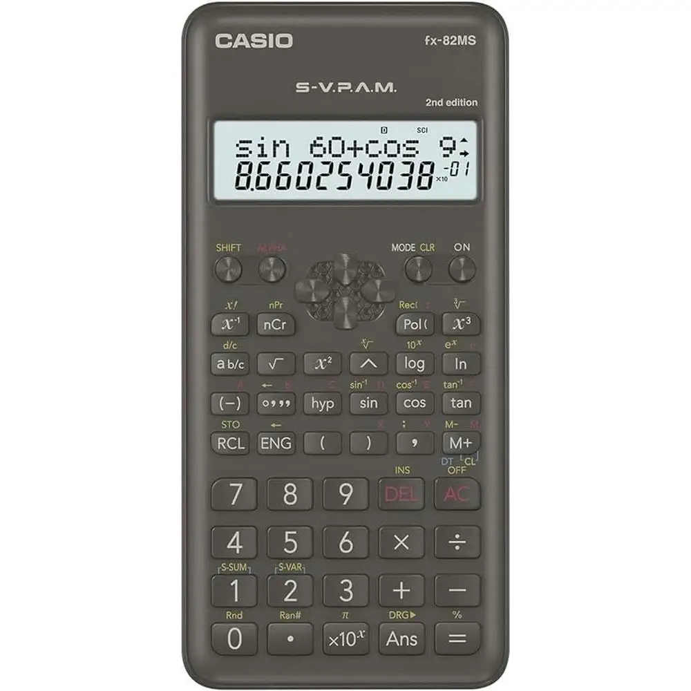 Casio FX-82MS-2 Scientific Calculator with 240 Functions, Dual-Line Display, Ergonomic Design, 8 Memory Constants, Ideal for Students and University, Durable PP/Plastic Material, Perfect for Education and Exam Preparation.