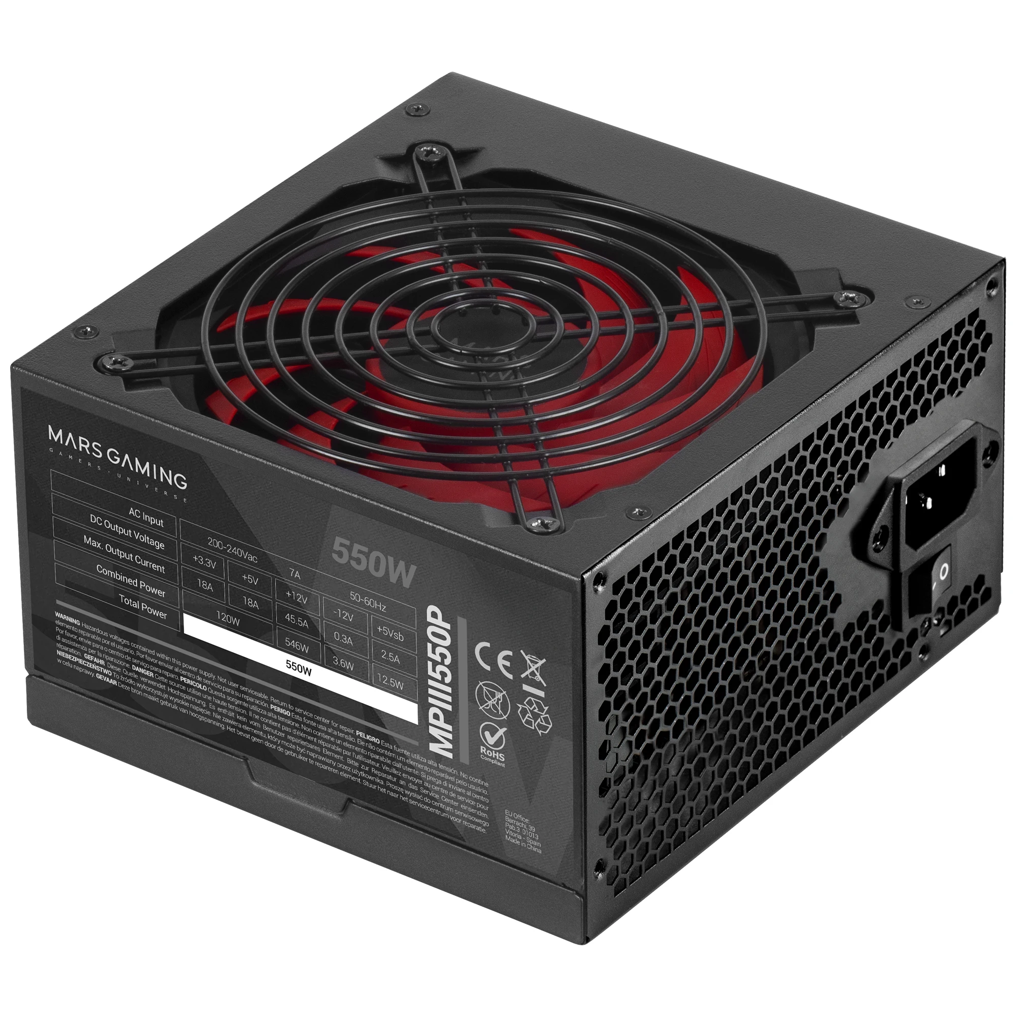 Mars Gaming MPIII550P, Fuente Alimentación PC ATX 550W, 5 Años de Garantía, 85% Eficiencia, Sistema Digital APFC, Ventilador FDB 120mm AI-RPM, Tecnologías DC-DC y SMD, Cables Planos Extralargos,