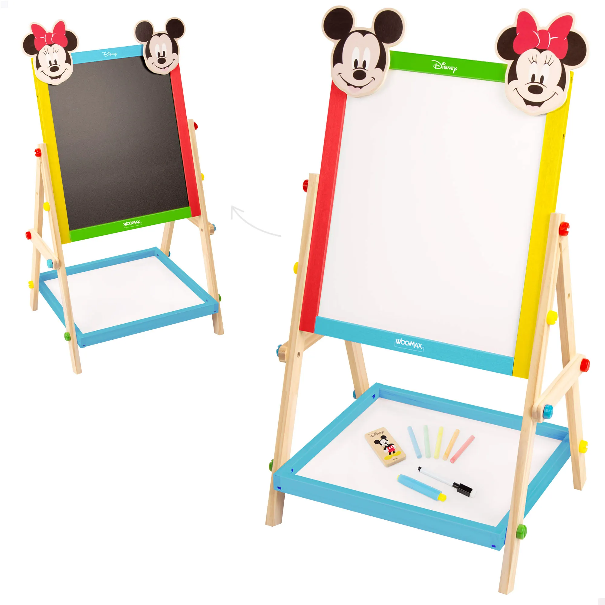 WOOMAX - Pizarra de madera Disney con doble cara para niños, diseño de Minnie y Mickey, mide 37,5x65 cm, incluye tizas, borrador y rotulador, ideal para dibujar y escribir, recomendada a partir de 4 años