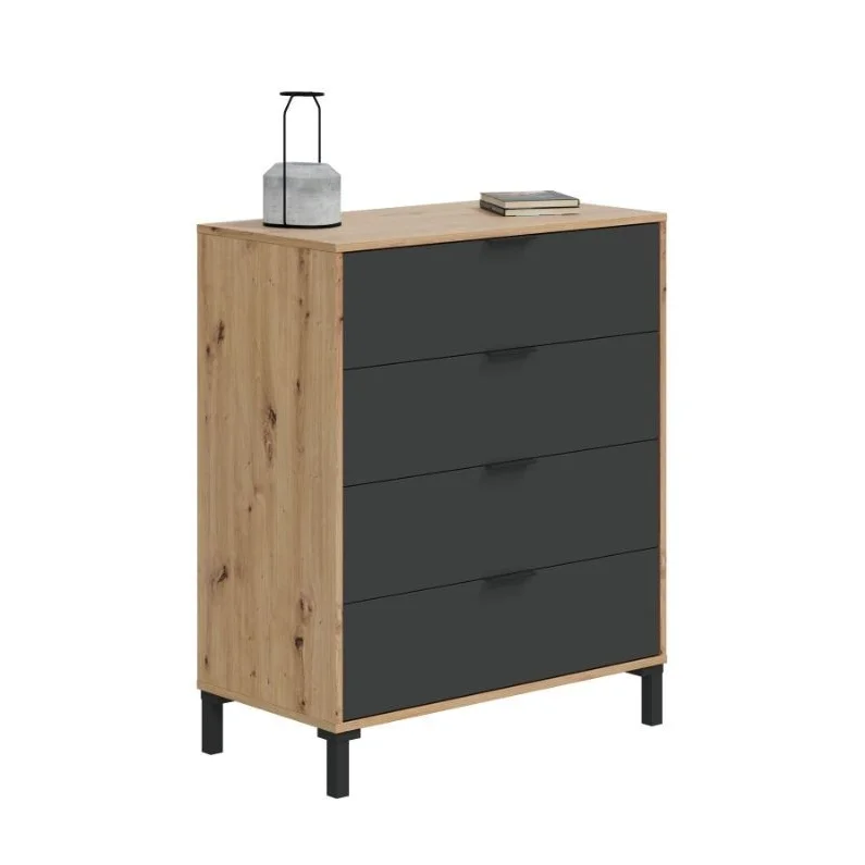 MOBELCENTER -Cómoda Dormitorio Matrimonio 4 Cajones Enzo - Color Roble Nodi y Gris Antracita - Ancho: 77,5 cm x Fondo: 40 cm x Alto: 94 cm - (1328)
