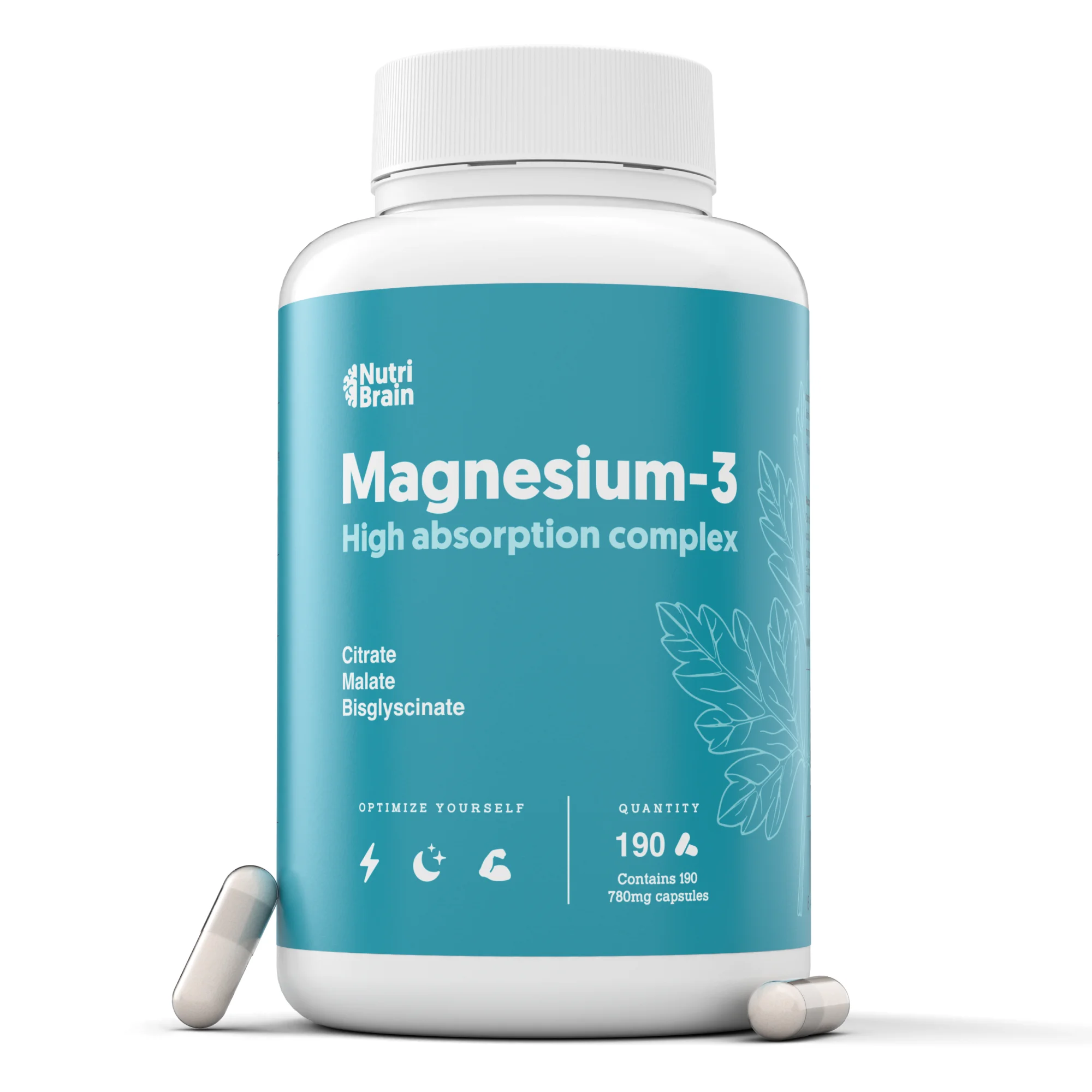 Magnesio 3X Acción Premium Nutribrain: Malato, Bisglicinato y Citrato - Fórmula de Máxima Absorción - 190 Cápsulas
