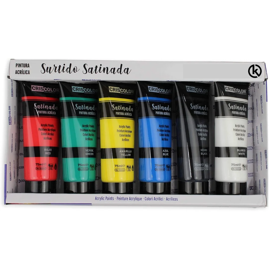 KROWN - Pack acrylic paints 24x75ml-assortment of satin, Pastel, metallized and fluorescent colors + set of 9 brushes. For artistic work and crafts.