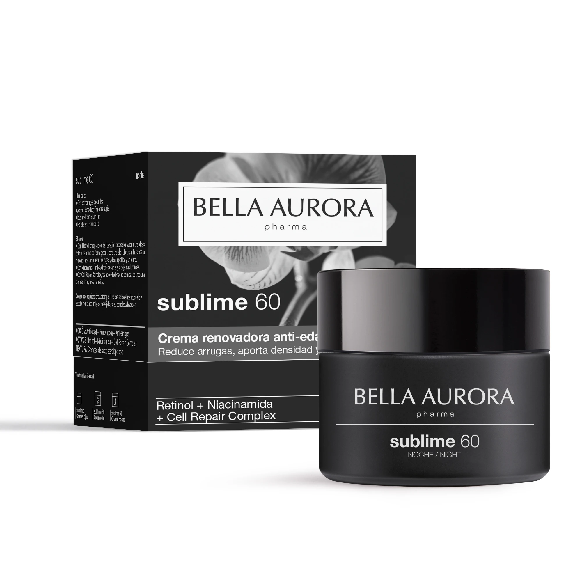 BELLA AURORA - Sublime 60 Noche  50 ml, Crema Reparadora, de Noche para Piel Madura +60, Redefine el Contorno Facial, Mejora la Firmeza, Proporciona Luminosidad, Detoxifica