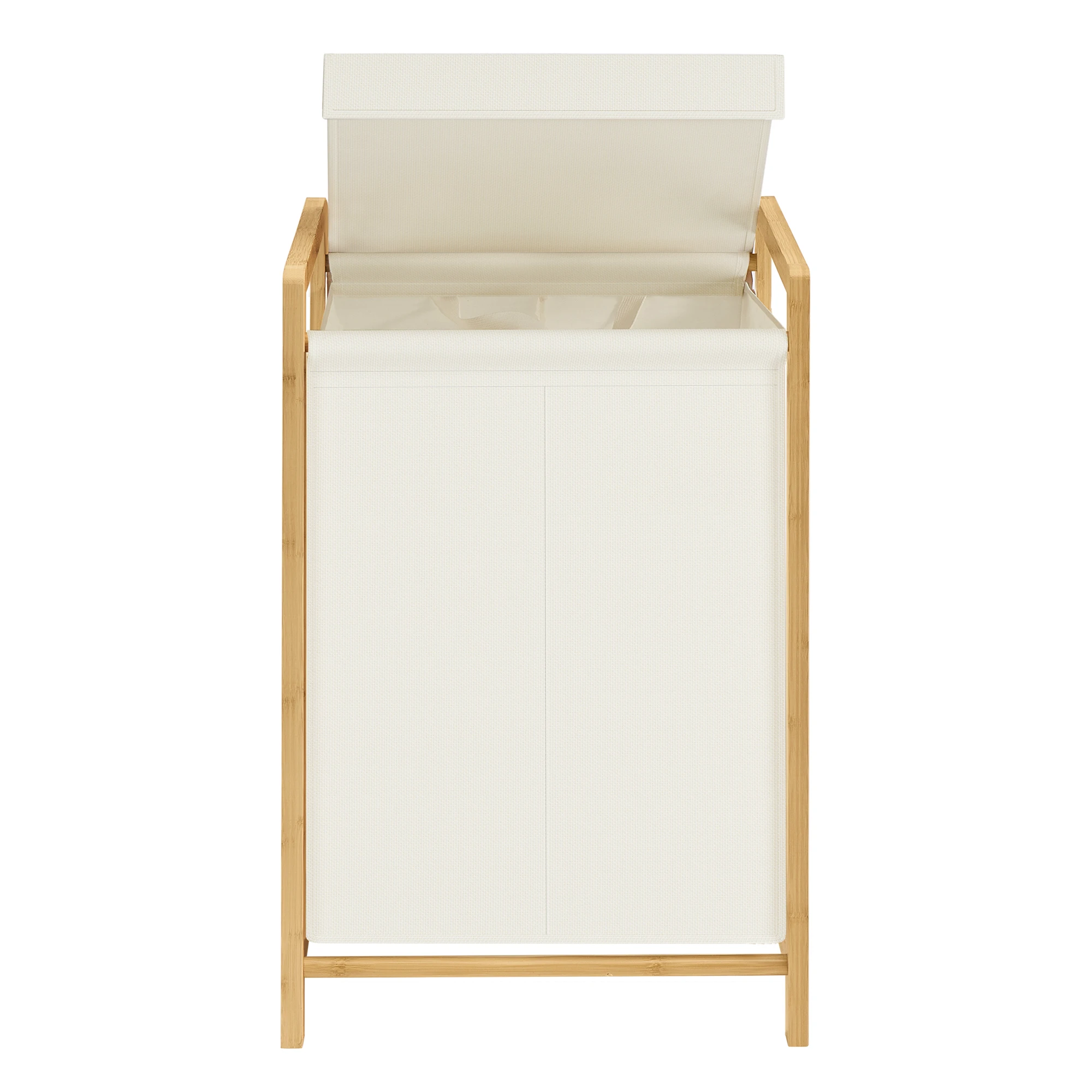 SONGMICS Cesto para Ropa Sucia de 2 Compartimentos, Marco de Bambú, Tapa Reforzada y Extraíble, Bolsa Interior Desmontable, 100 L, Blanco Crema