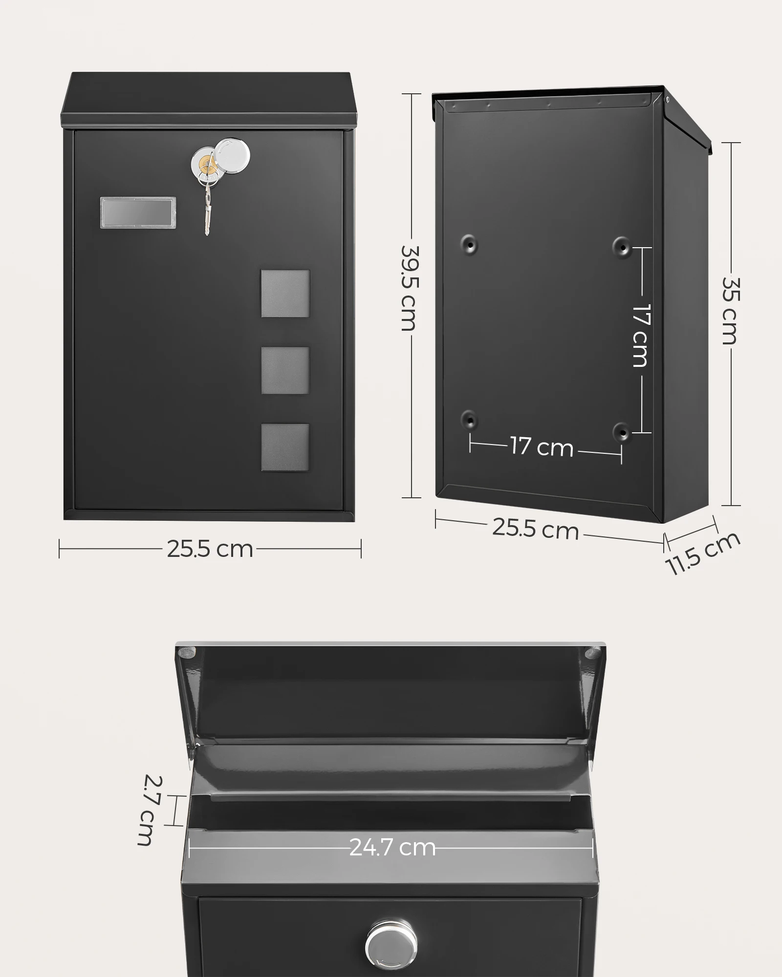 Songmics - modern wall mailbox, with viewing windows, identification plate, lock with copper core, easy to install, black