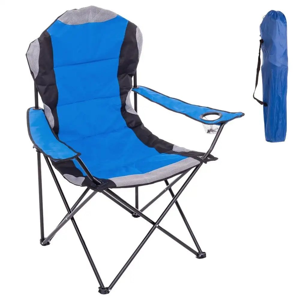 LOLAhome Silla playa camping pesca y caza acolchada plegable cierre tijera estructura acero con Epoxi anticorrosión y tejido Oxford azul, portavasos y bolsa de transporte