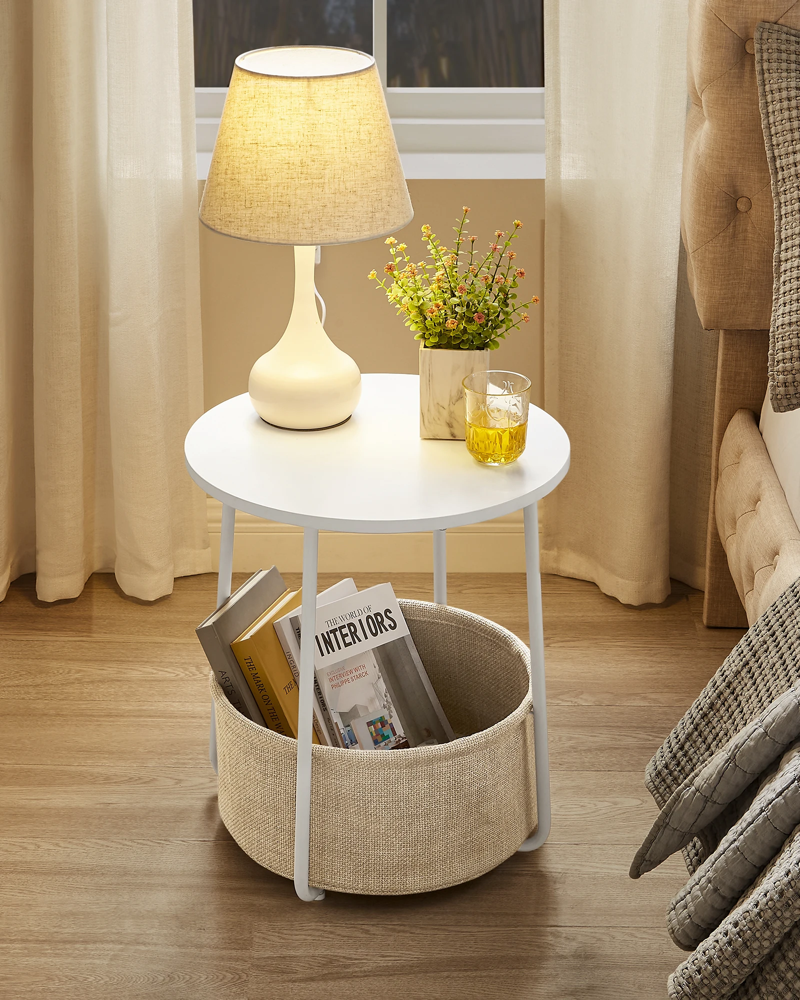Vasagle side table, round side table with fabric basket, spacious, for living room, bedroom, nightstand, modern style, matte white and brown camel/pale blue/ice blue/natural beige and cream white/cement gray and cream white/black and