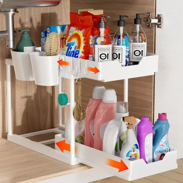 Kitchen organizer under sink slide-metal anti-rust structure and adjustable shelves for bathroom and cabinets