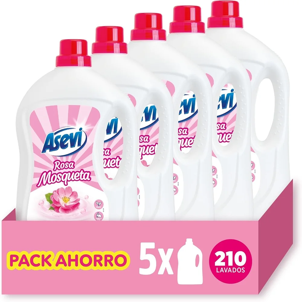 Asevi Detergente Rosa Mosqueta 42 Lavados, Pack ahorro 5x42 Total 210 Lavados - Detergente para Ropa Blanca y de Color con Fórmula Concentrada - Jabón de Rosa Mosqueta para una Ropa Limpia y Suave