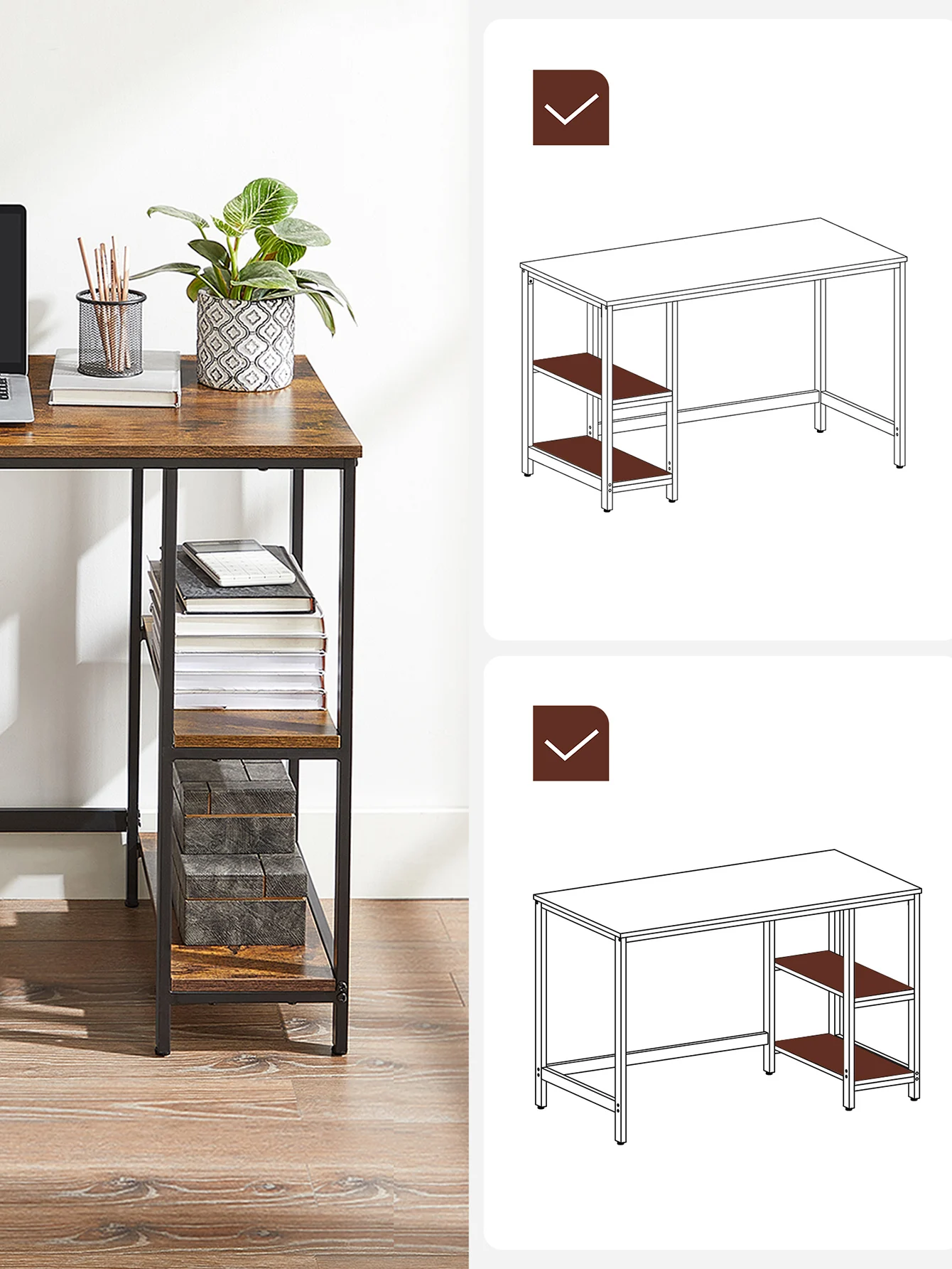Vasagle desk, computer table, with 2 shelf levels on the left or right, for office, bedroom, steel structure, industrial, rustic brown and black/greige and black/ebony black/maple white/natural beige and pearl white