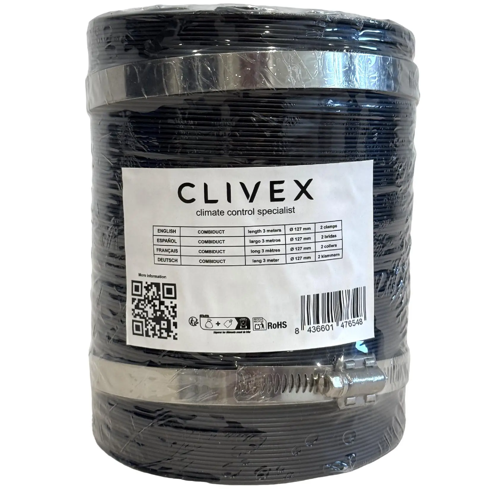 Clivex Combiduct 127mm (3m) Tubo de aluminio y PVC Flexible con abrazaderas incluidas, reduce el ruido de tu intracción o extracción