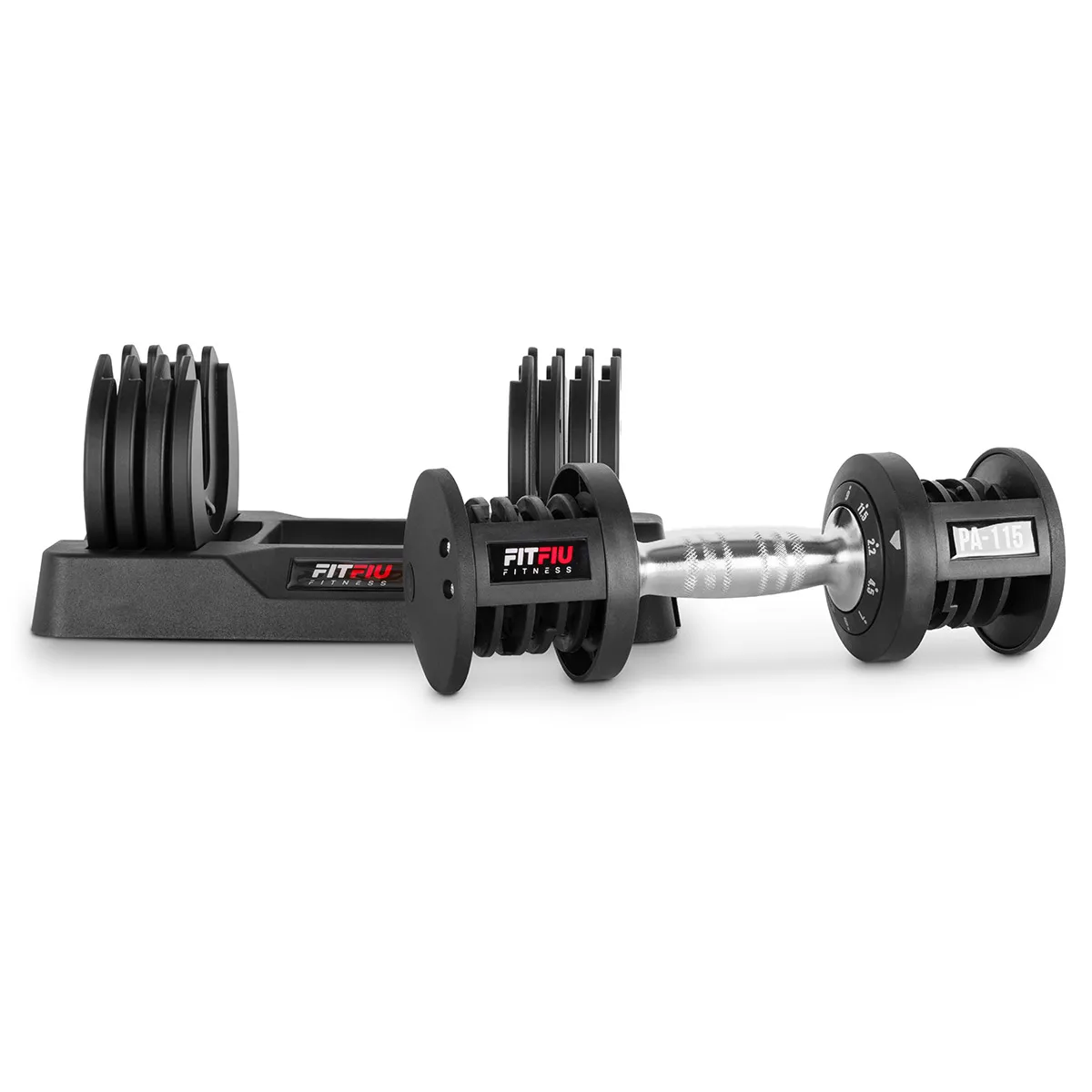 FITFIU Fitness PA-115 Adjustable Dumbbell Set 2.2kg to 11.5kg for Home Gym Workouts, featuring a quick lock weight adjustment and non-slip handle for safe training.