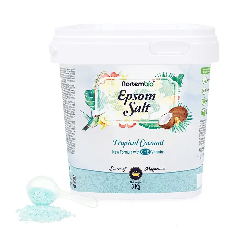 NORTEMBIO Sales de Epsom 100% Fragancia Coco Tropical 3Kg | Fuente concentrada de magnesio | Hidratada con Vitamina C y E | E-Book Incluido
