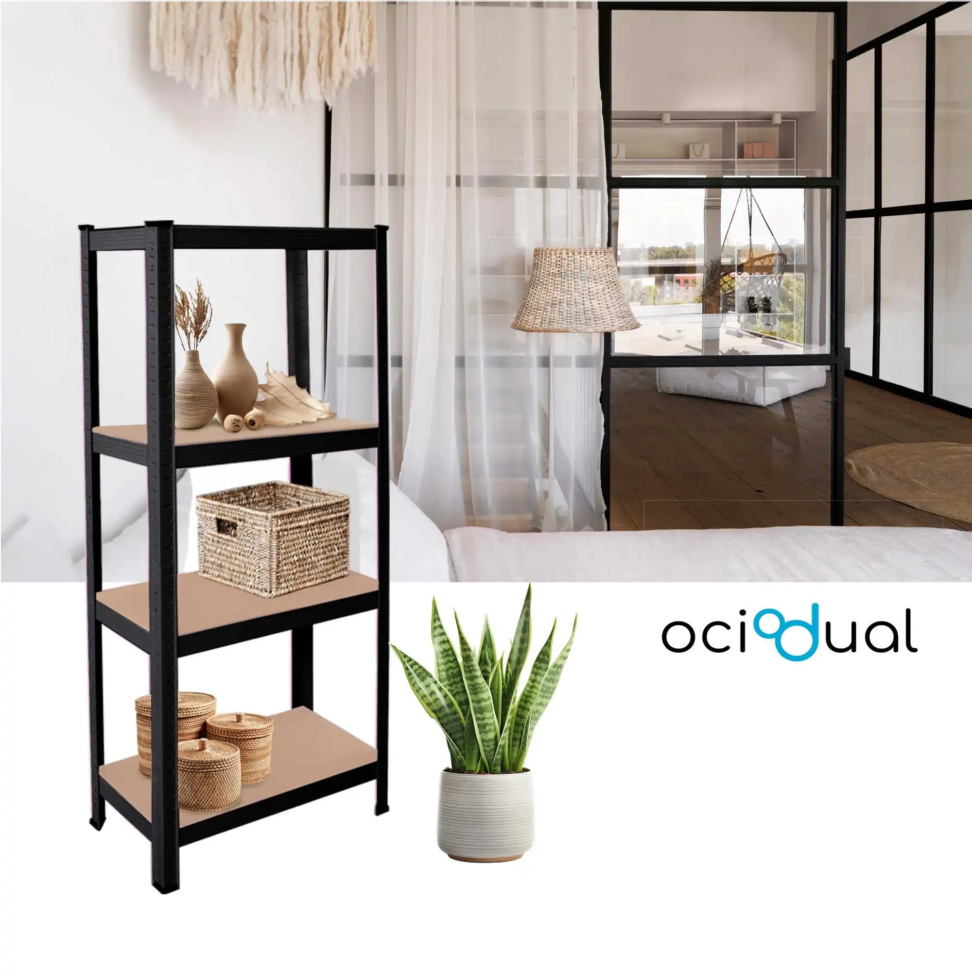 OioDual Metal Shelf Tiny Black, Shelf for Home, Storage Rack, Storage Rack, Furniture, Office, Divisible Storage Shelves, Screwless, 240kg, 4 shelves MDF, 150x60x30cm