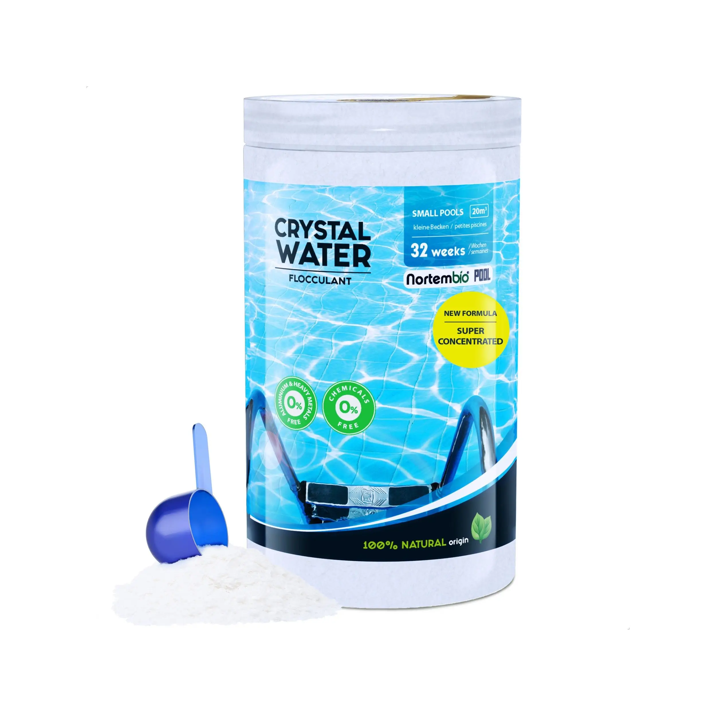 NORTEMBIO Floculante Piscina Super Concentrado 32 Semanas | Clarificante Agua Piscinas Pequeñas, Hidromasaje, Jacuzzi | Compatible con Cloro, Sal y Antialgas | Sin Aluminio