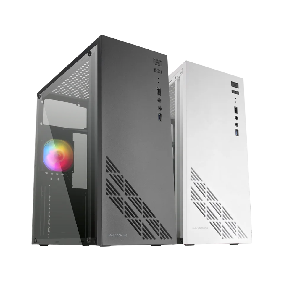 Mars Gaming MC100, Caja PC Gaming ATX, 100% Acero Ultra-ligero, Panel Superior Convect-Cool, Ventana Lateral Total, Ventilador Trasero FRGB 9cm,  Semitorre Gaming Negro o Blanco