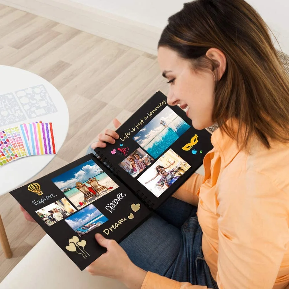 ألبوم صور سجل القصاصات الحلزوني، مجموعة ألبوم قصاصات DIY مكونة من 80 صفحة سوداء مع ورقتين وملصقات زاوية وملصقات تزيين و12 علامات ملونة لذكرى الزفاف وأعياد الميلاد وعيد الميلاد وعيد الميلاد وعيد الميلاد #6
