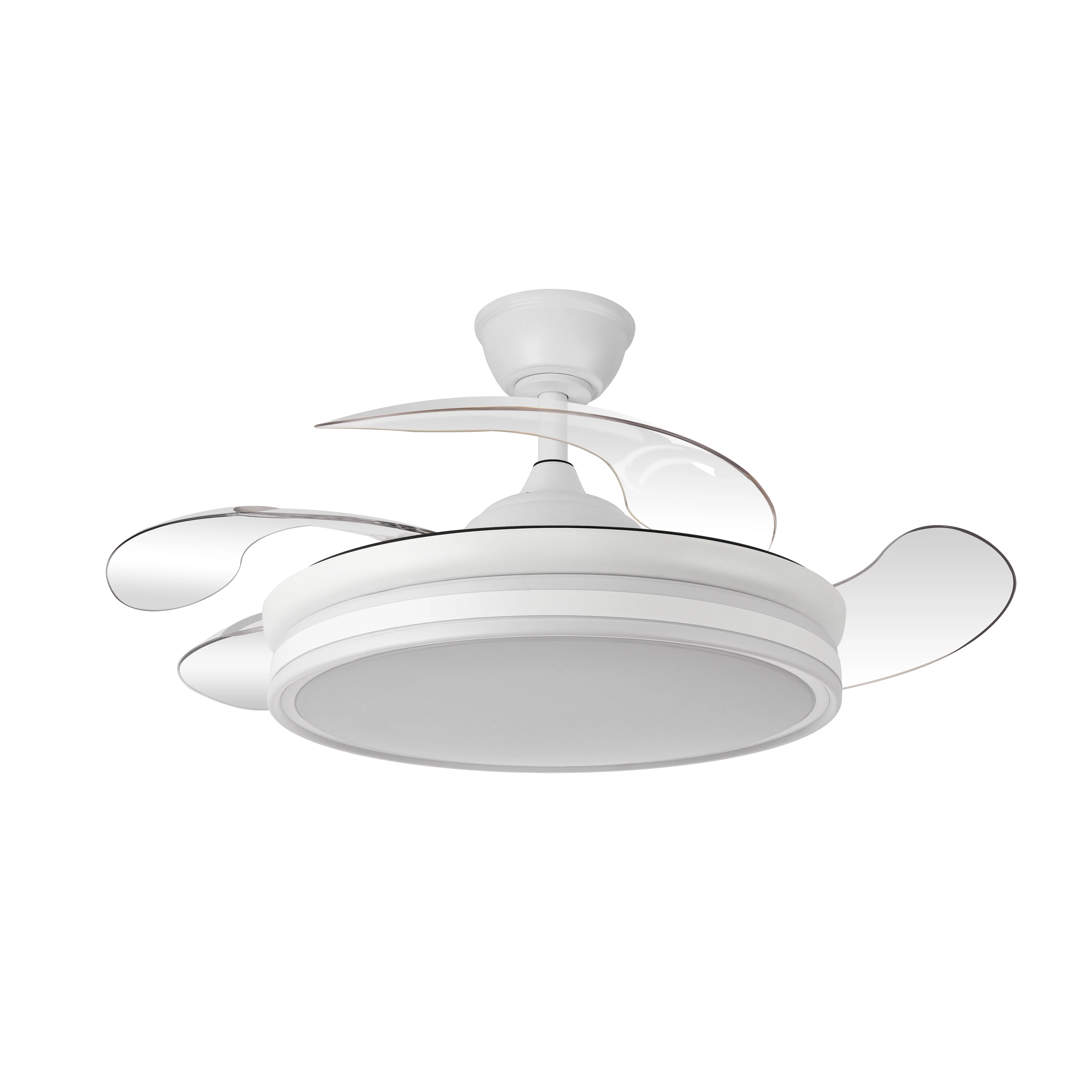 Ventilador de techo LED BY con 4 aspas retráctiles, 3 intensidades de luz y mando a distancia. Motor silencioso y de bajo consumo. Diámetro con las aspas abiertas 107cm. Modo verano e invierno.