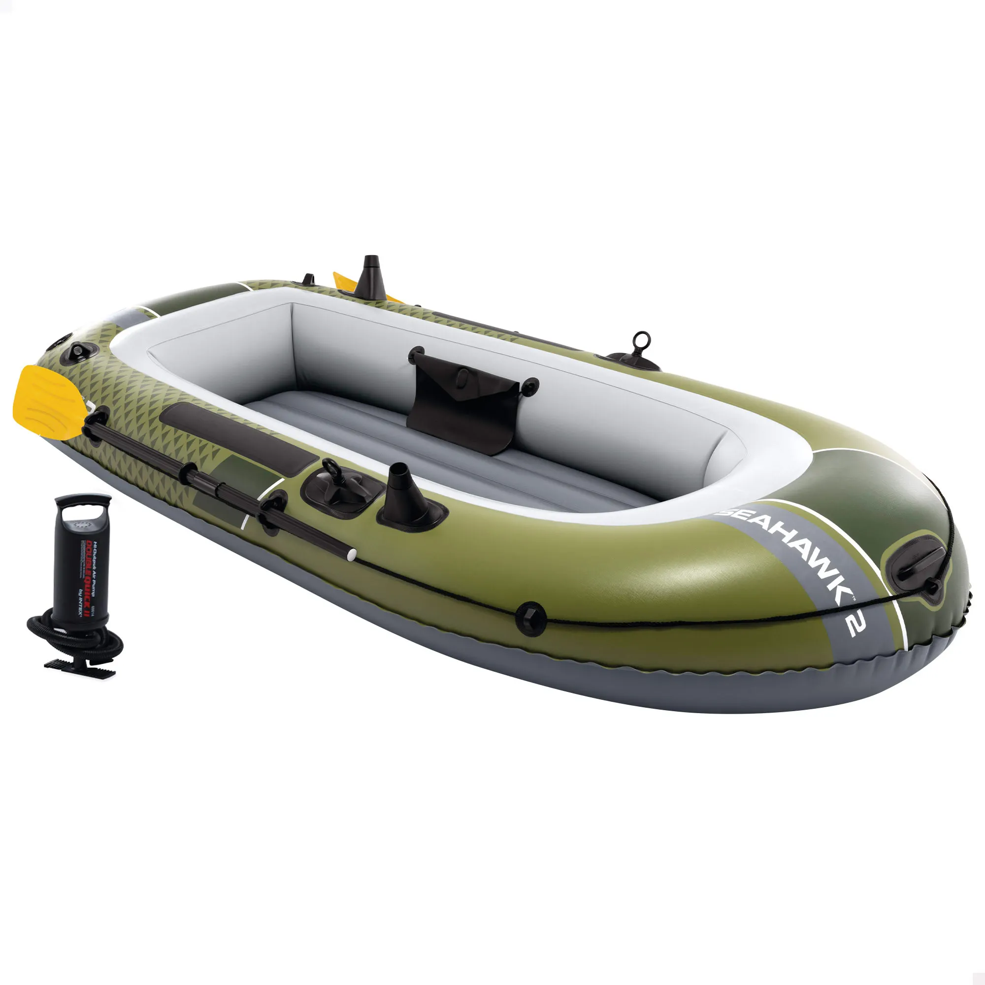 INTEX - Barca hinchable, modelo Seahawk, incluye remos, soportes para remos, bomba de inflado manual, parche reparación, 3 cámaras de aire independientes, cuerda de agarre, ideal para aguas