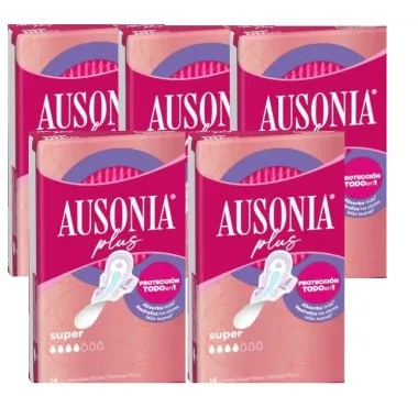 Compresas Super Ausonia Plus con alas, Pack Ahorro 5 x 14