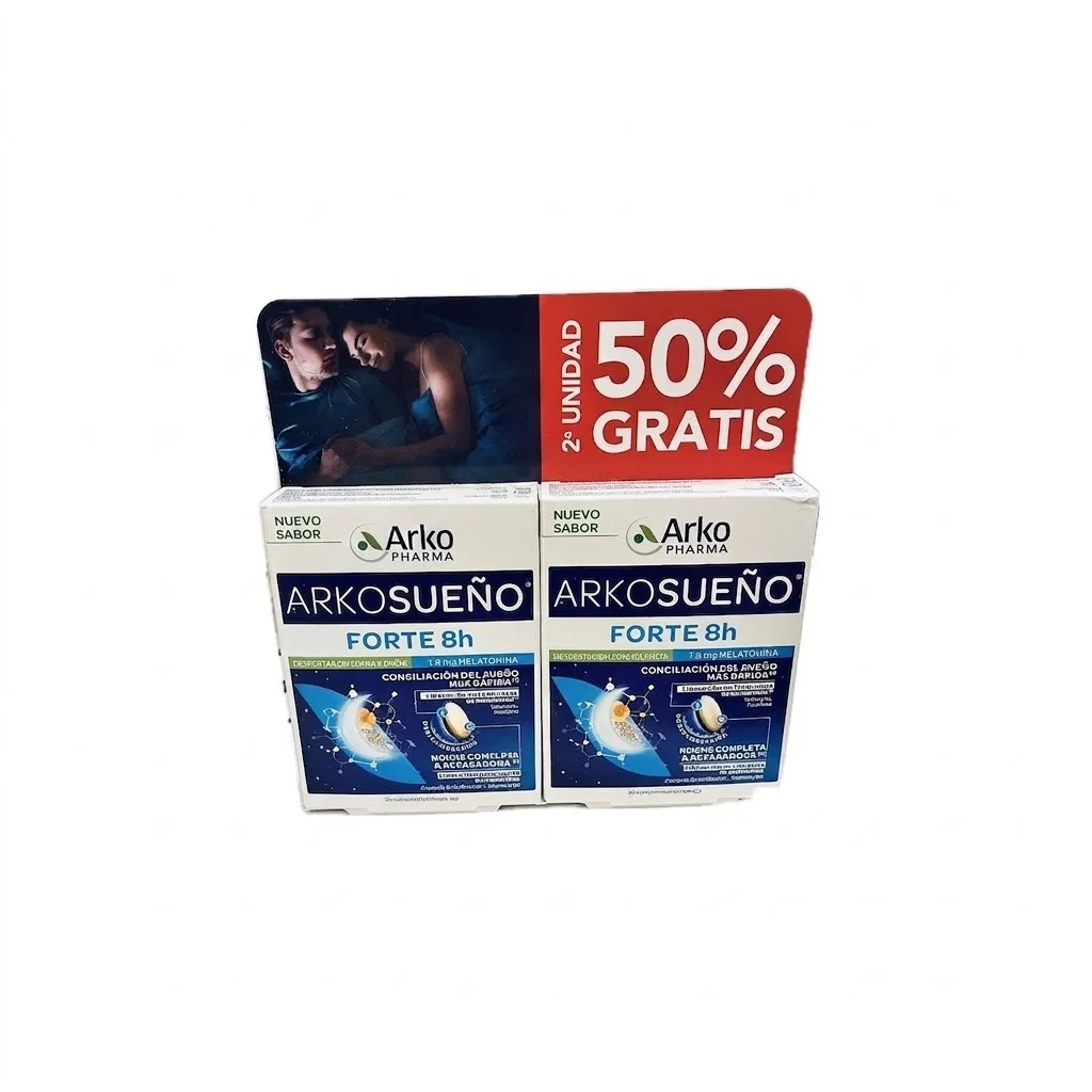 Arkosueño Forte 8h Duplo (2 x 30 Comprimidos) - 50% de Descuento en la 2ª Unidad - Complemento Alimenticio para el Sueño con Melatonina y Plantas - Tecnología de Doble Capa