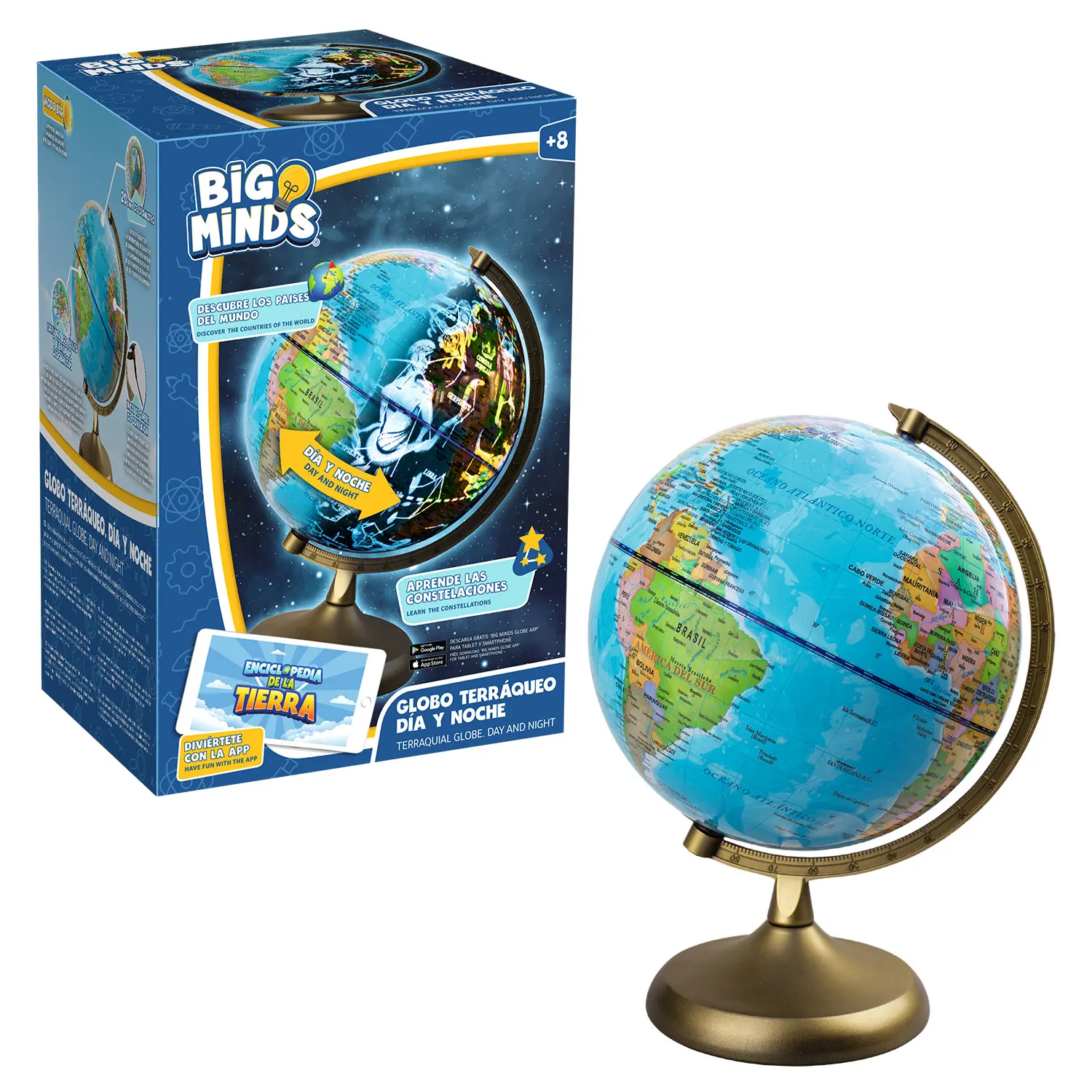 BIG MINDS - Globo Terráqueo 3 En 1 | Bola Del Mundo Interactiva Niños Con App | Globo Terraqueo Con Luz En Español | Globo Terráqueo Niños Con Base Dorada