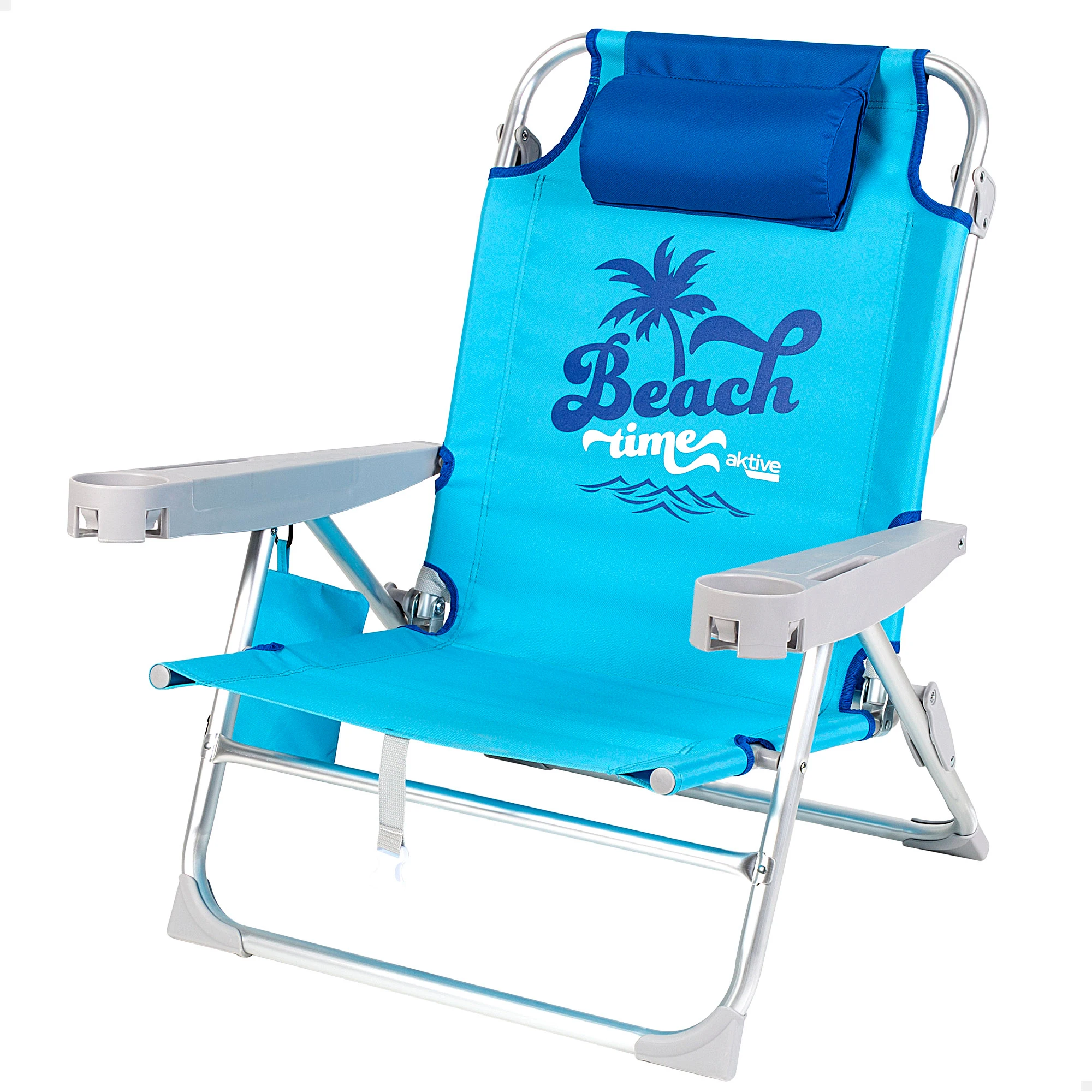 Aktive - Silla de playa plegable con respaldo reclinable 4 posiciones, 53x58x28/80 cm, fabricada de aluminio y textileno, con cojín, bolsillo extraíble, mochila y topes antivuelco, máx. 110 kg, sillas
