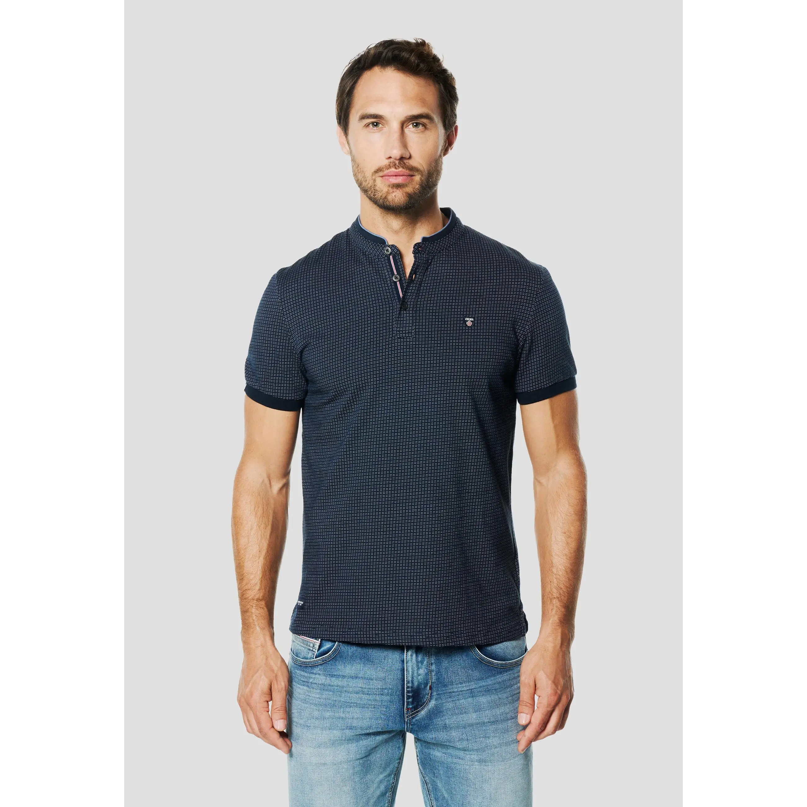 Koroshi Polo Hombre Manga Corta Cuello Mao Micro Estampado – Koroshi Navy