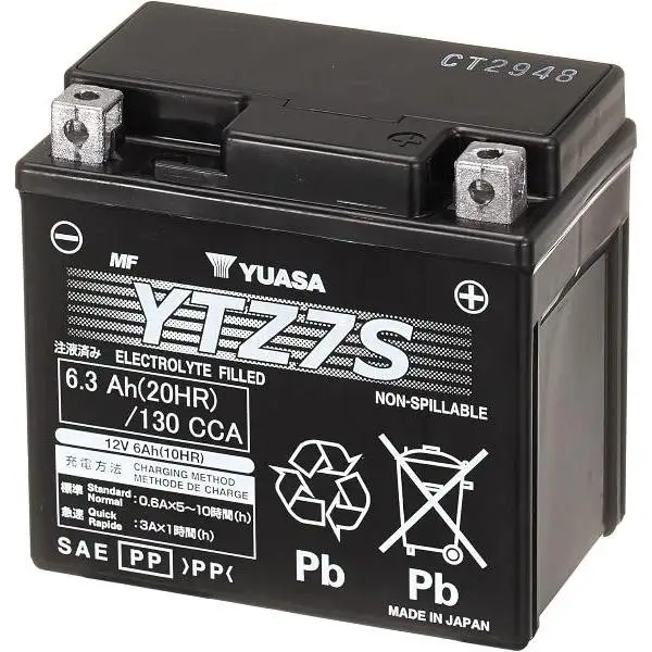 Batería Moto YUASA YTZ7S 12V 6.3Ah 130Amp.  AGM  . Gama YTZ® de alto rendimiento sin mantenimiento. Medidas: Longitud	113 mm Anchura	70 mm Altura	105 mm