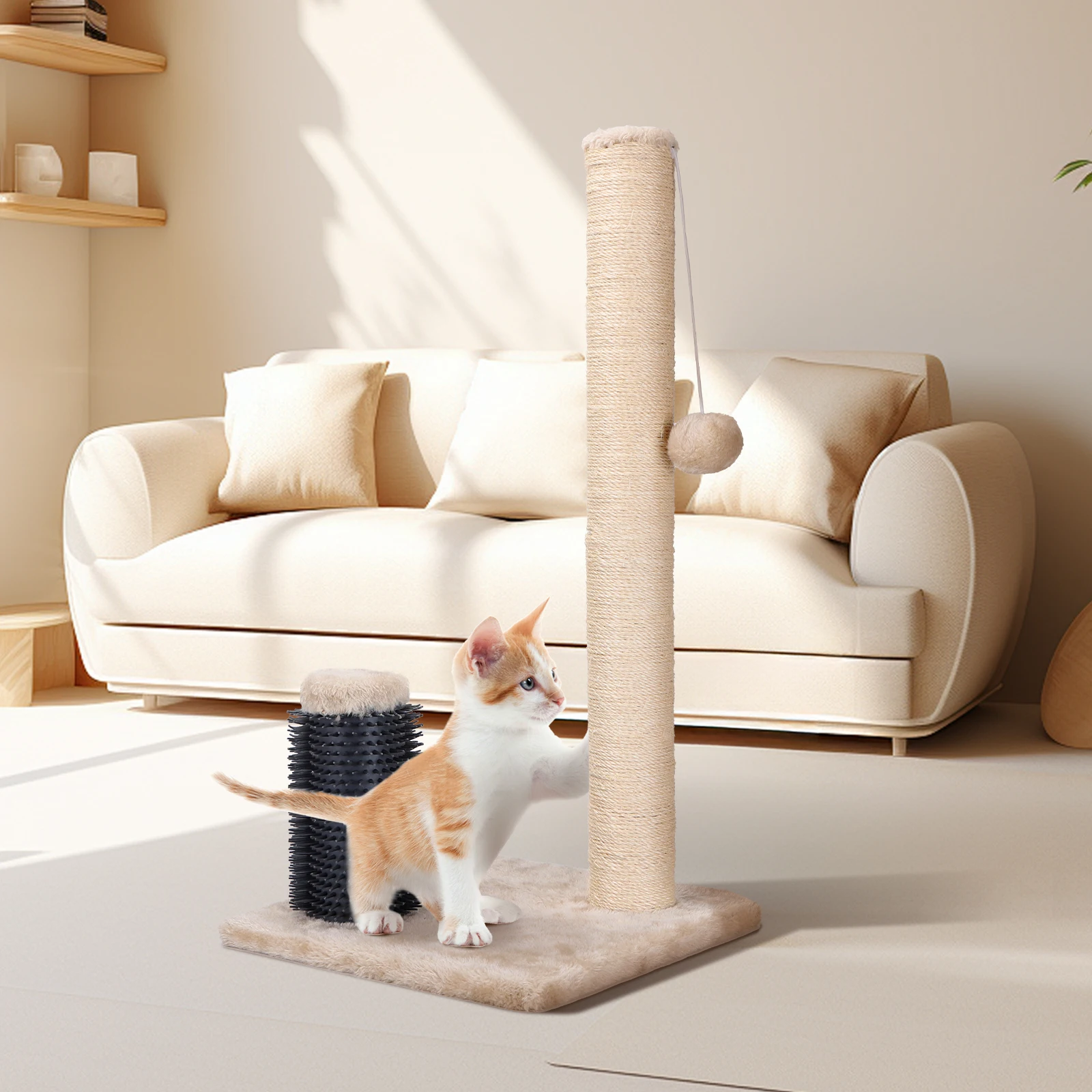 Nobleza - cat scratching post, natural sisal rope with toy balls and silicone comb for cats, 60x30x30cm (beige color) #5