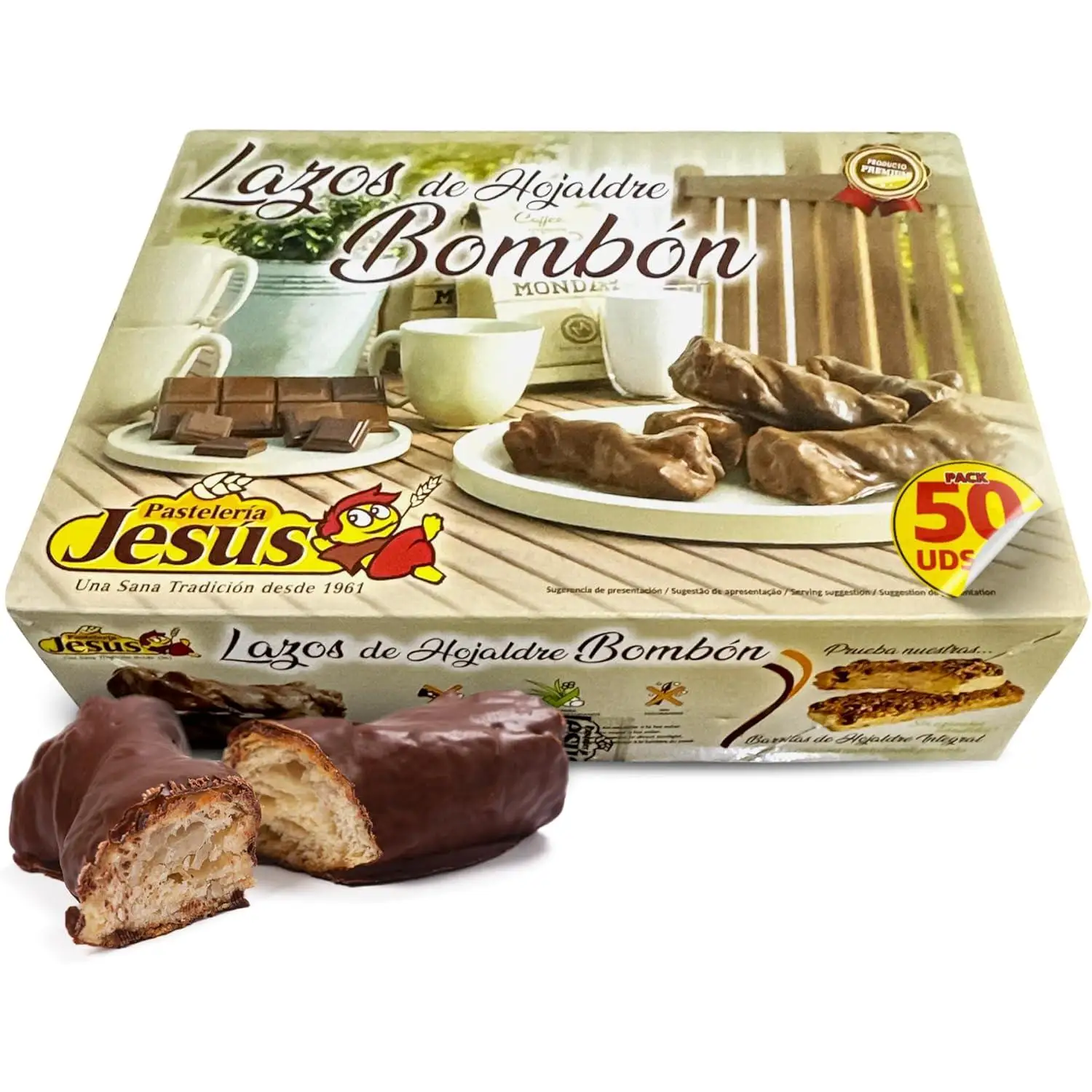 Lazos de hojaldre cubiertos con chocolate y bañados con miel.