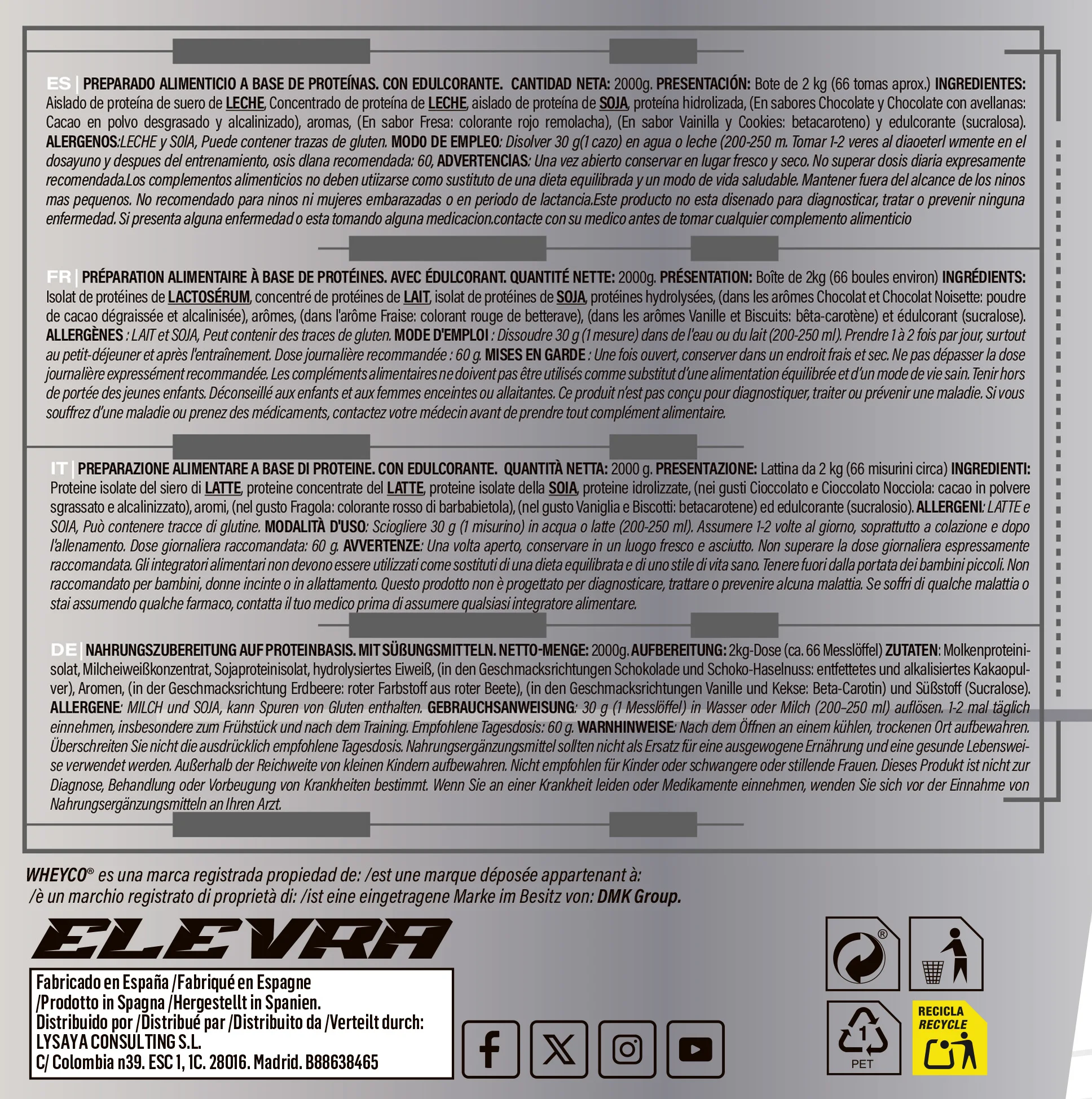 Elevra - pro isolate protein 2kg / our wheyco premium whey protein isolate formula ®   It is pure protein of high biological value and contains a complete profile of amino acids with bcaas that will help you increase your muscle mass