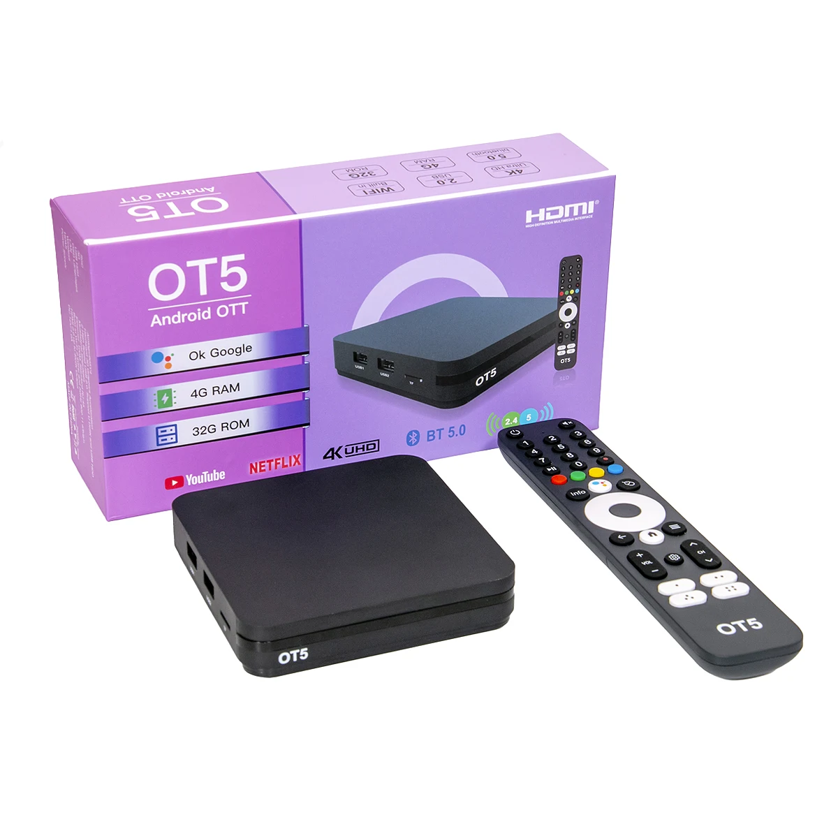 Ostark ot5 4k, compatible with iptv amlogic m3u s905x4, plex 2.4g+5g wifi, av1, usb 3.0, usb 2.0, emmc, h.265 hevc ot5 s905y4 ot3. Shipping from spain.