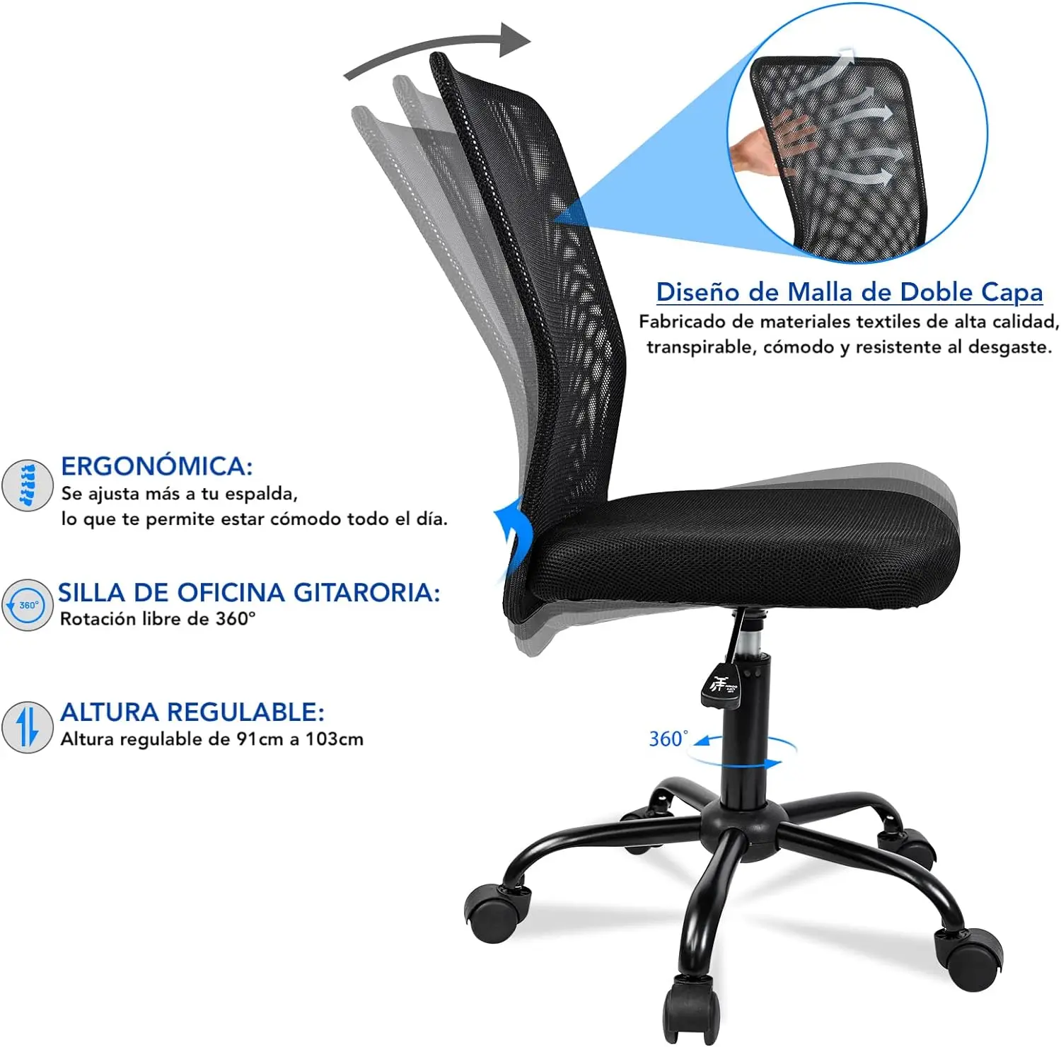 T-Lovendo Ergonomic Office Chair without Armrests, breathable double mesh fabric, height adjustable from 90.4 cm to 102.6 cm, stable metal base, 360° swivel, supports up to 150 kg, perfect for home office or study. #6