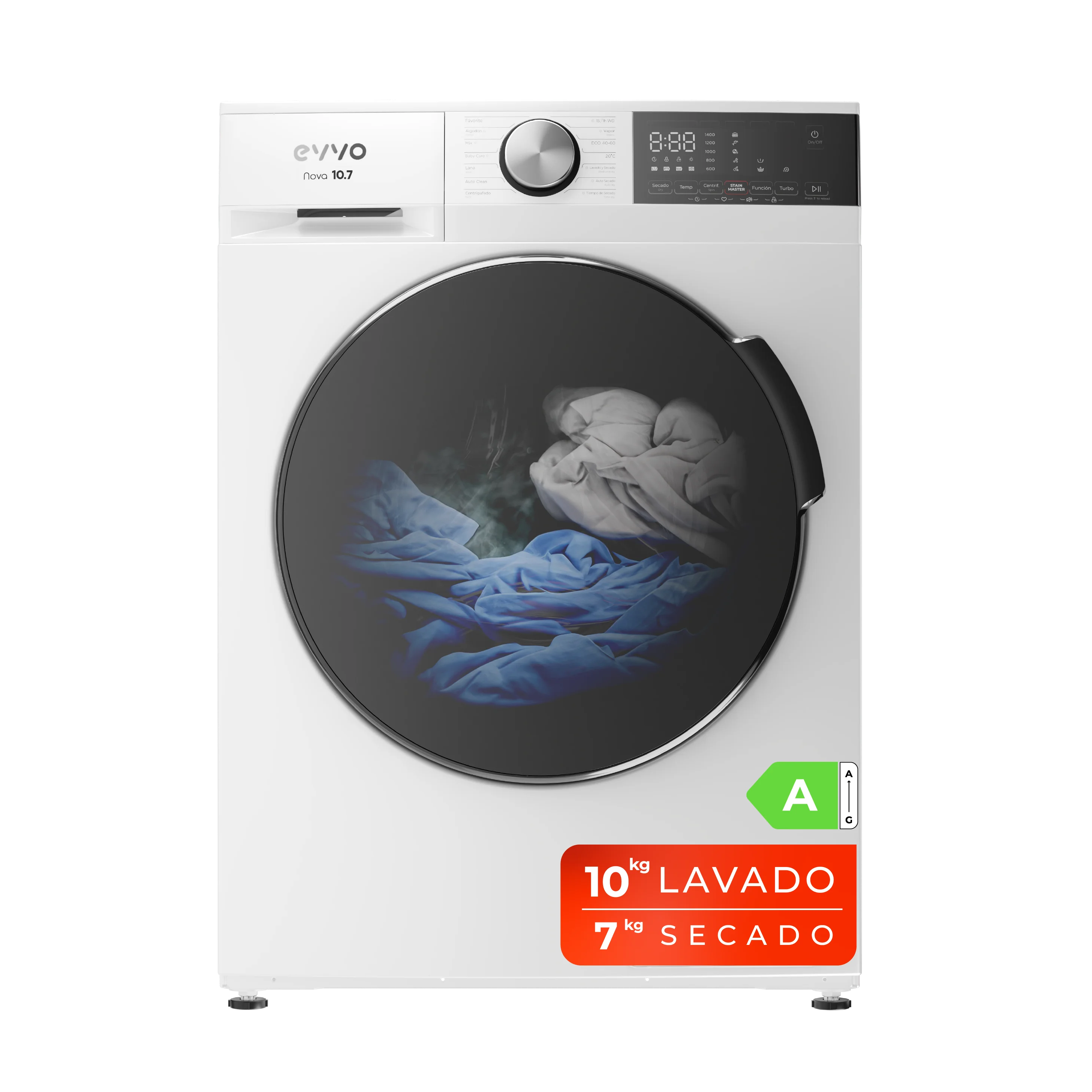EVVO Lavadora secadora 10 kg + 7 kg carga frontal Nova 10/7, 1350 rpm, Clase A, Motor Inverter, , Lavado Rápido 15'
